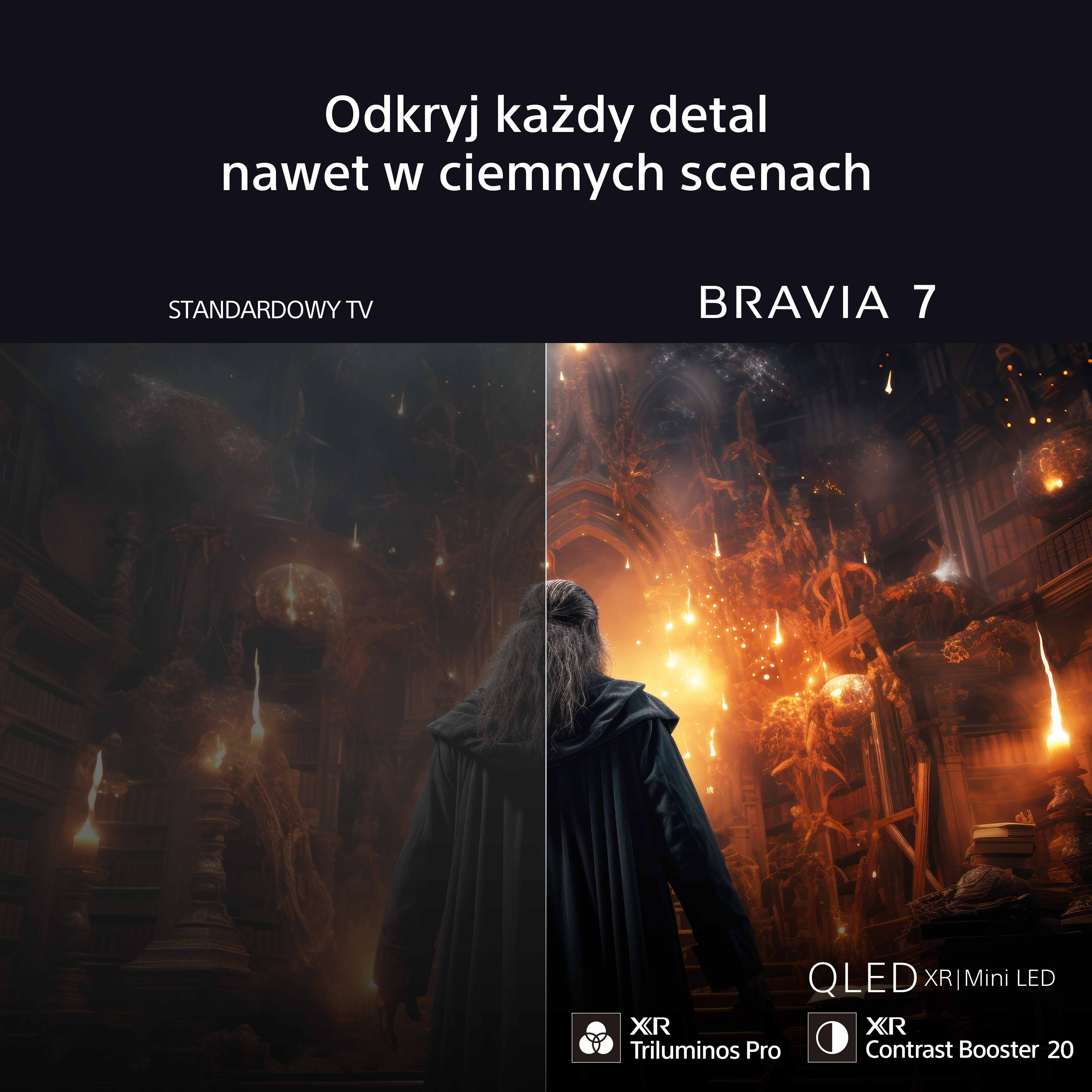 Podzielony ekran prezentujący ekran telewizora. Lewa strona to standardowy telewizor, prawa to BRAVIA 7, podkreślając szczegóły.
