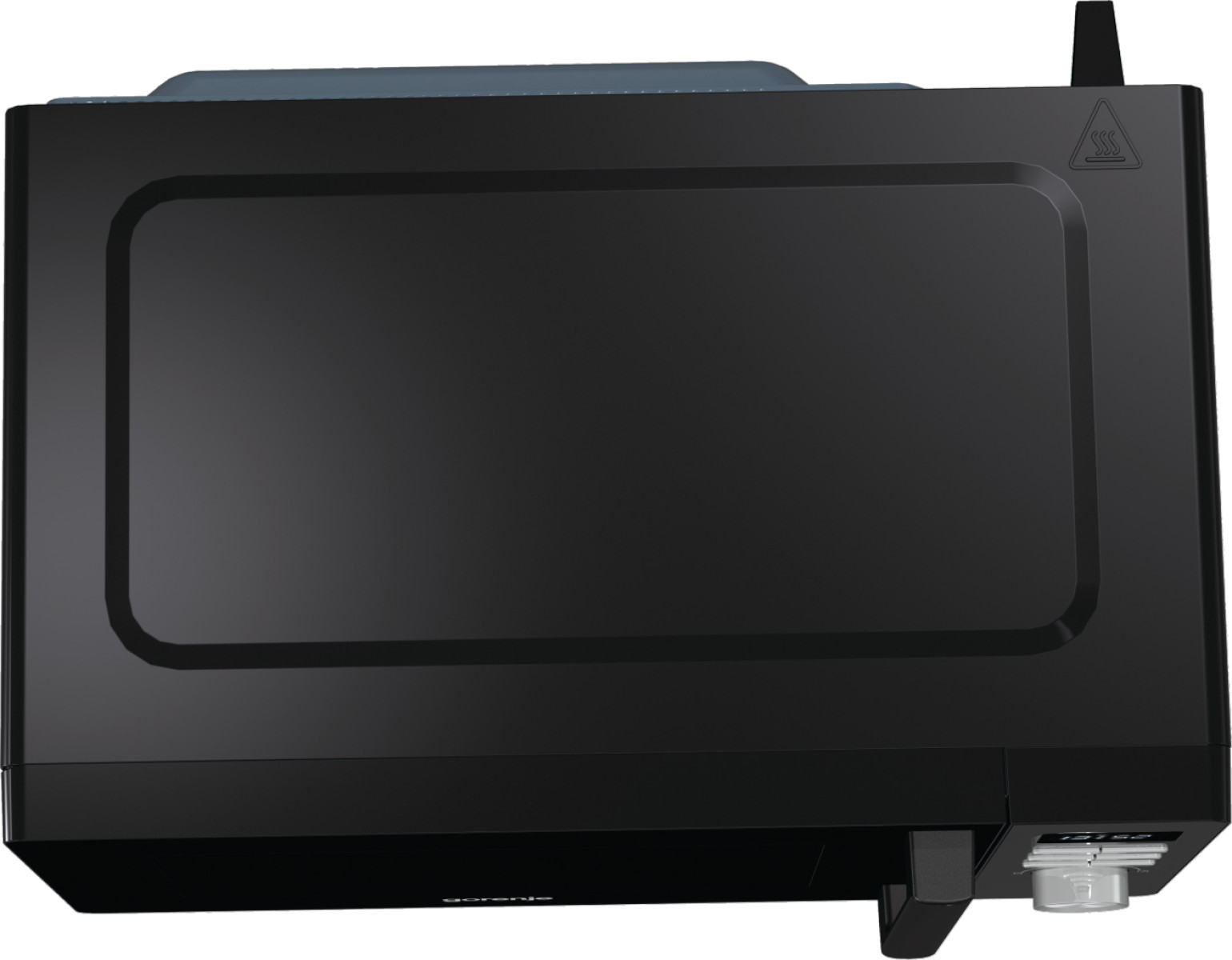 Czarny wbudowany piekarnik mikrofalowy, widok z góry, pokazujący wnętrze i panel sterowania.