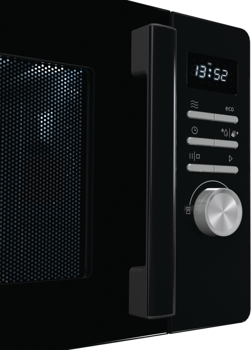 Czarna kuchenka mikrofalowa z wyświetlaczem cyfrowym, panelem sterowania i uchwytem.
