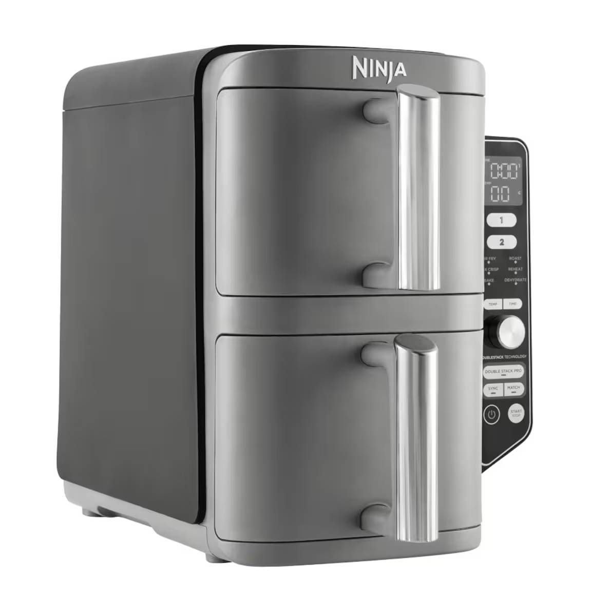 Freidora de aire Ninja gris, con dos compartimentos y pantalla digital.