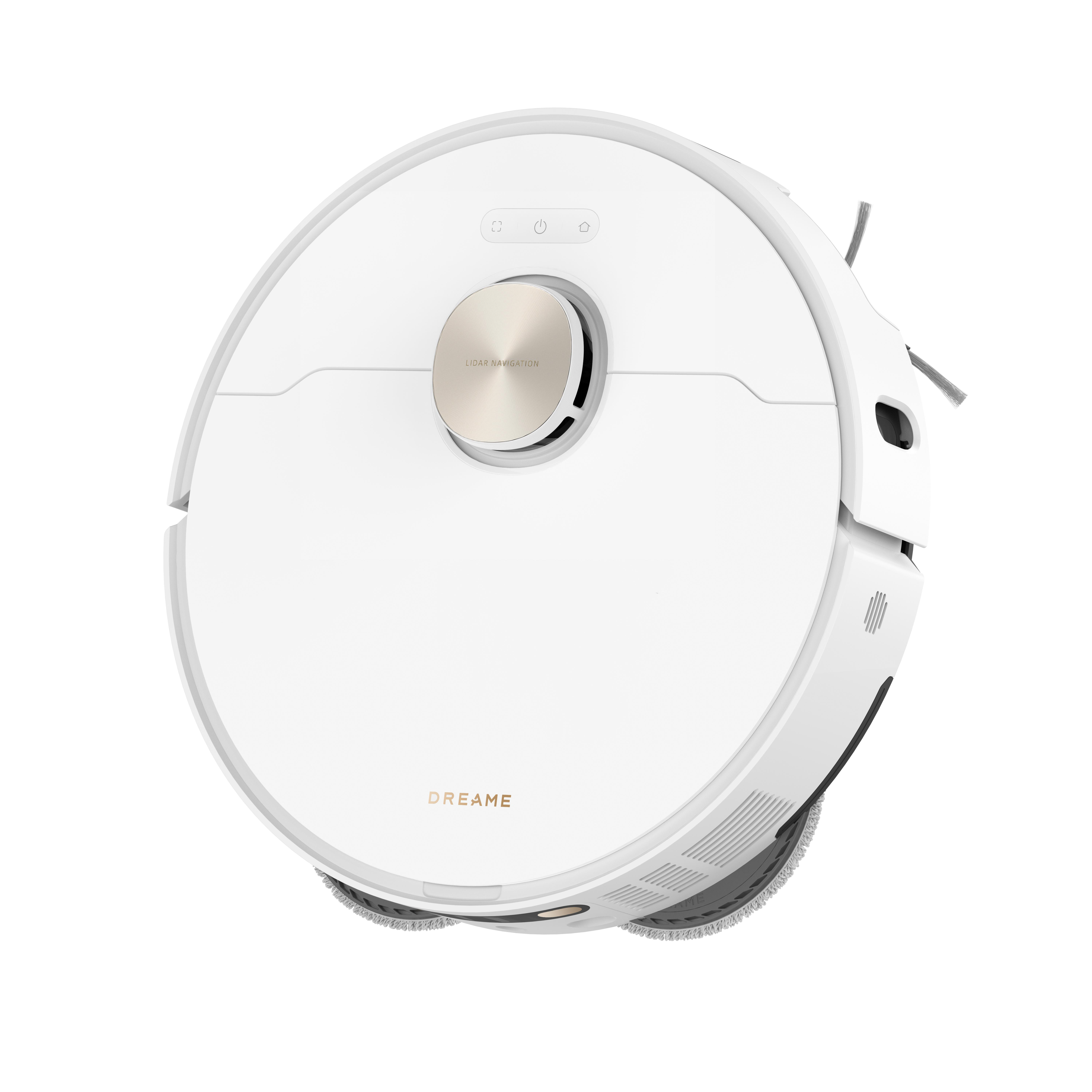 Weißer Roboter-Staubsauger. Runde Form mit Knöpfen und Logo oben.