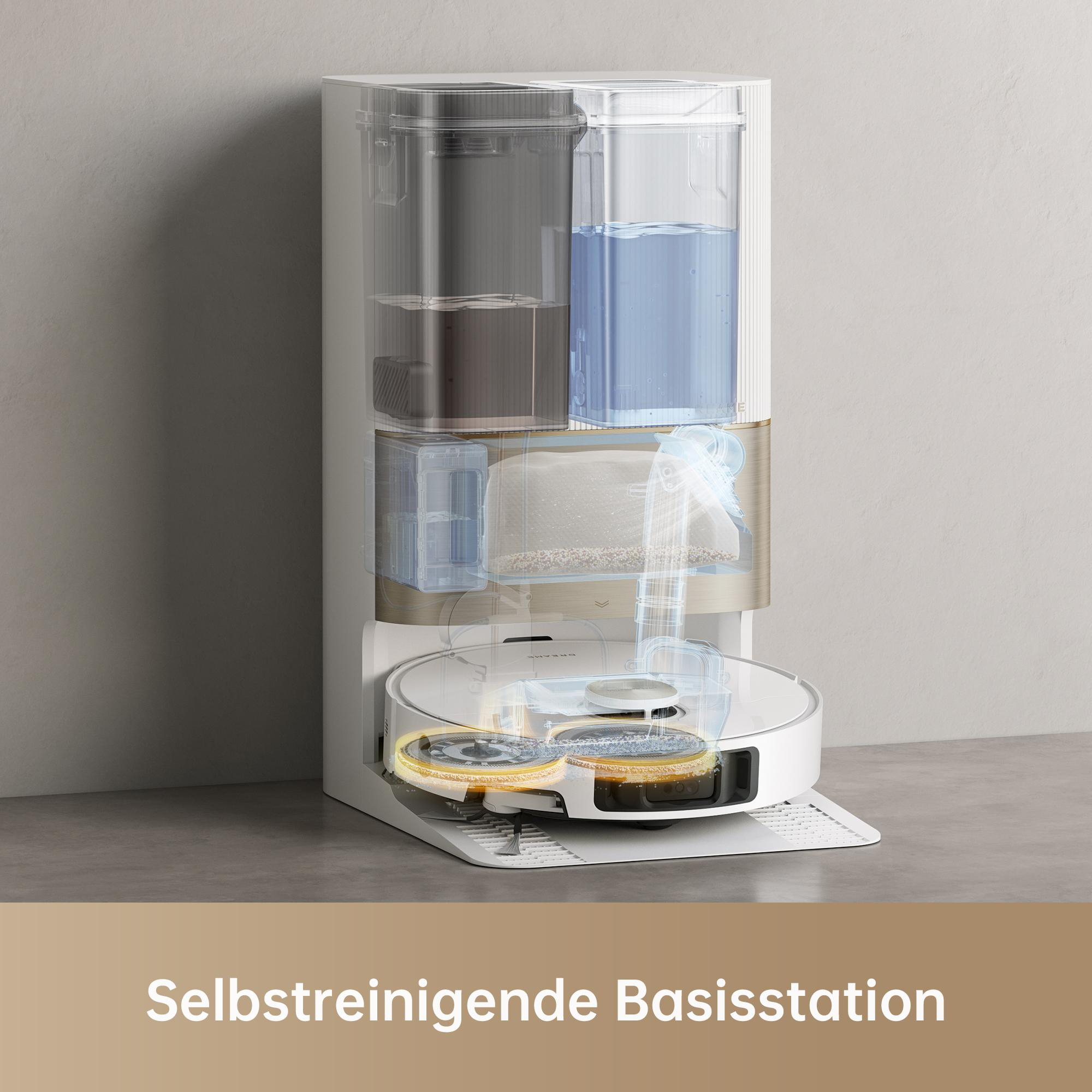 Ein weißer und goldener selbstreinigender Roboter-Staubsauger. Text: Selbstreinigende Basisstation.