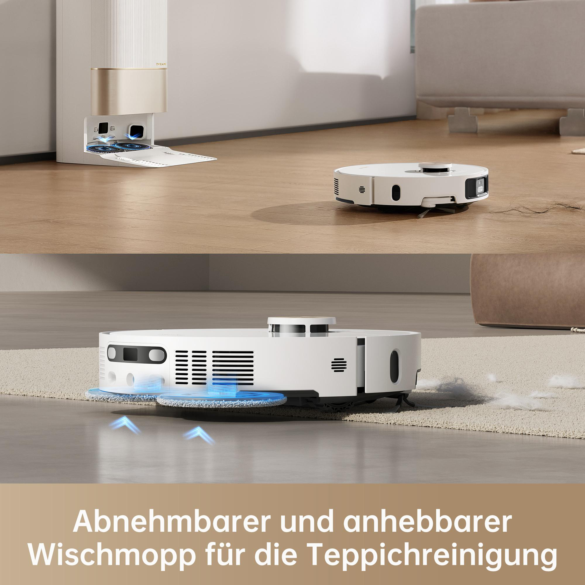 Ein Roboterstaubsauger und eine selbstreinigende Basisstation sind auf einem Boden gezeigt.