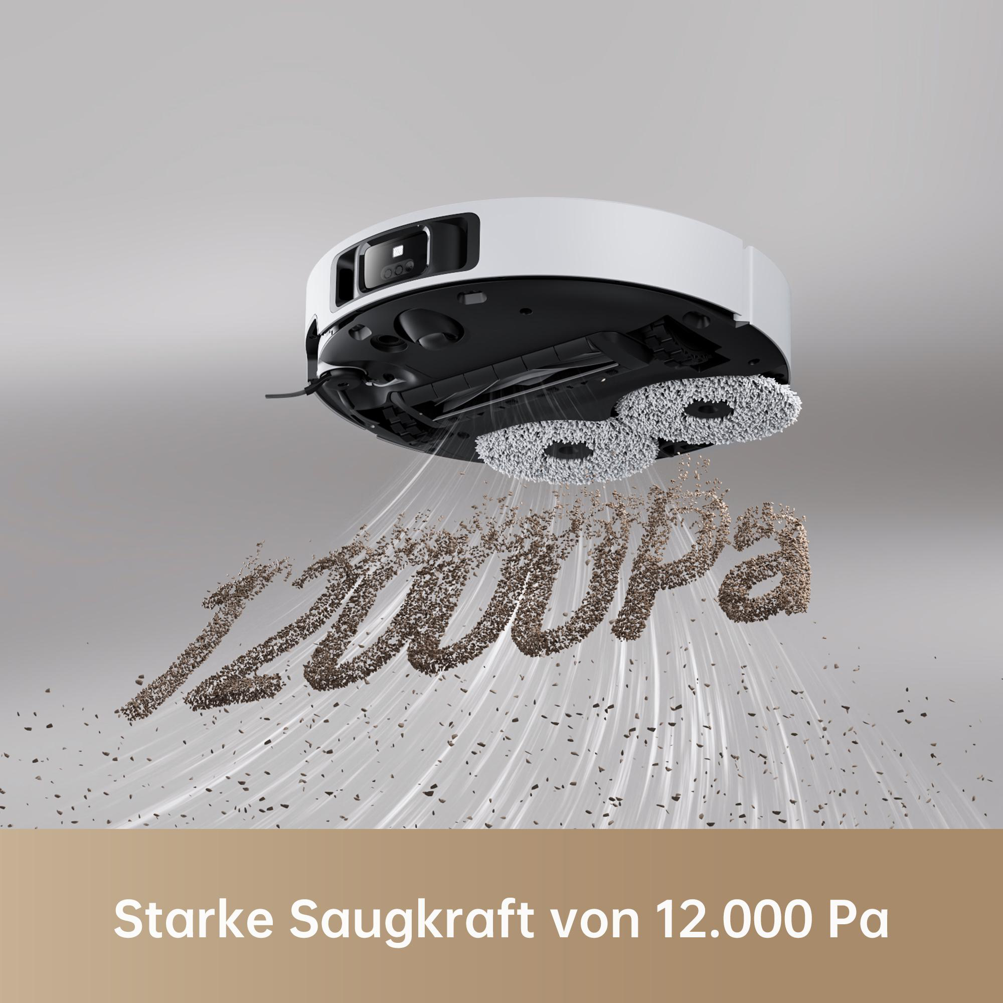 Ein Roboter-Staubsauger mit einem Text, der eine starke Saugleistung von 12000 Pa angibt.