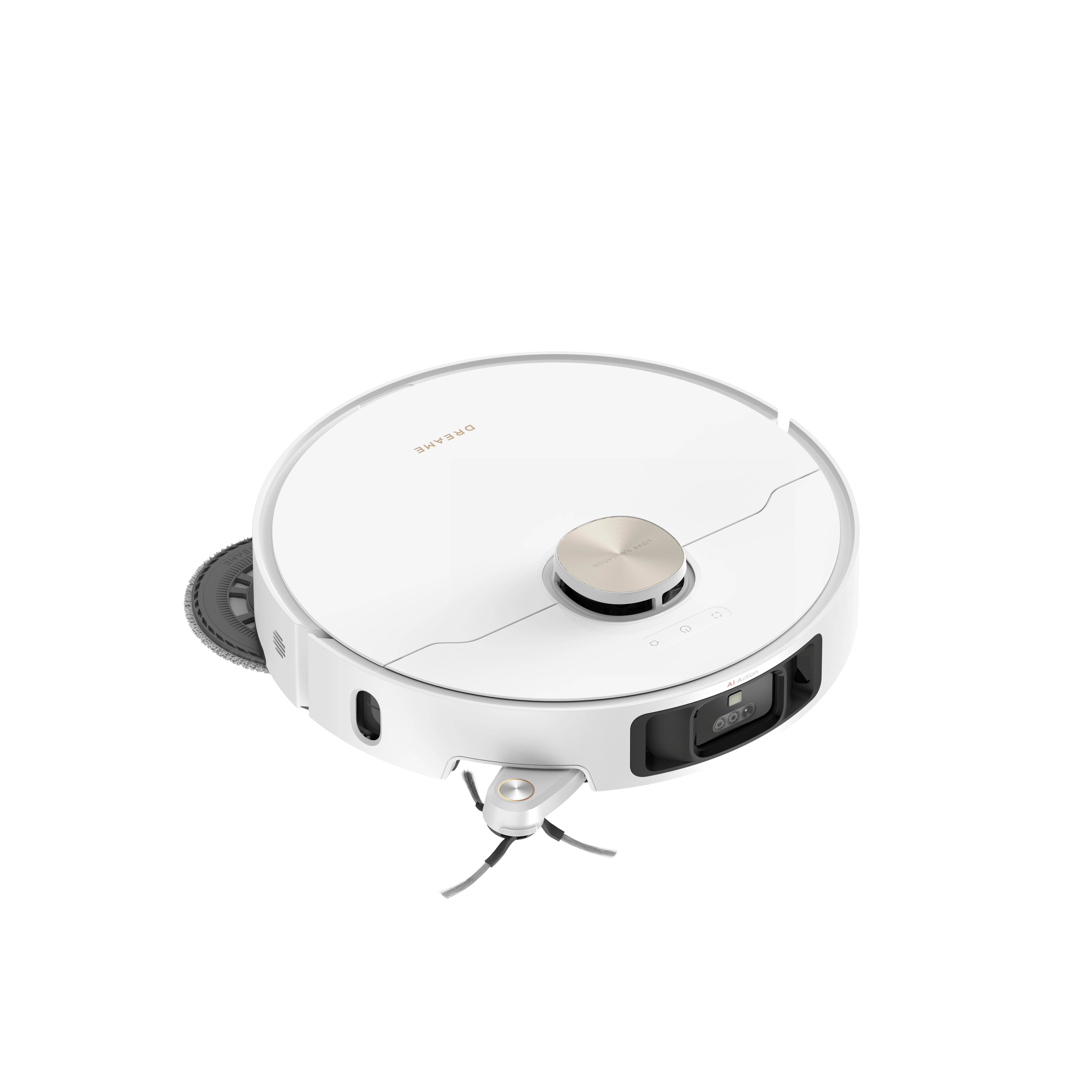 Weißer Roboter-Staubsauger, Draufsicht, mit runder Form.
