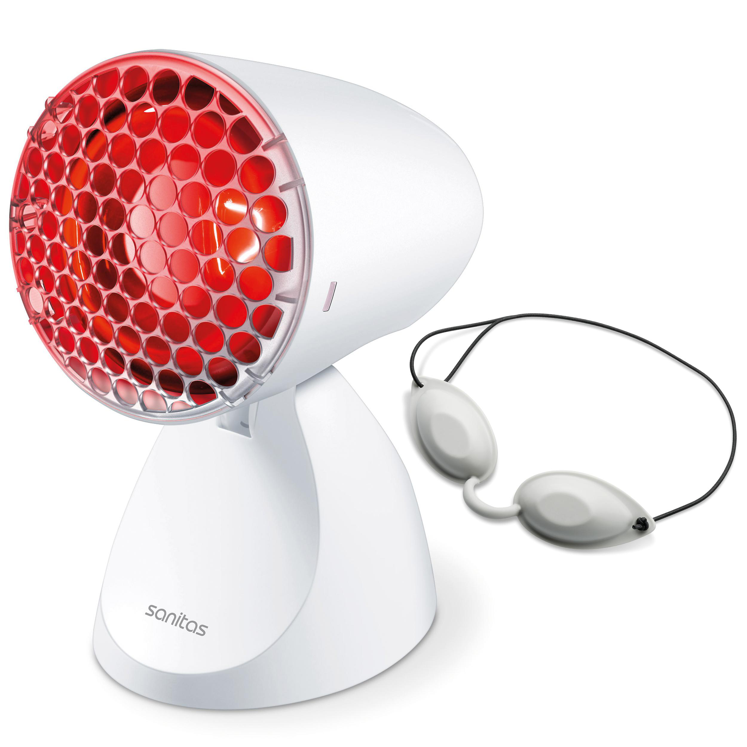 Weißes und rotes Lichttherapiegerät mit Schutzbrille. Weiße Basis, rotes Licht. Brille rechts.