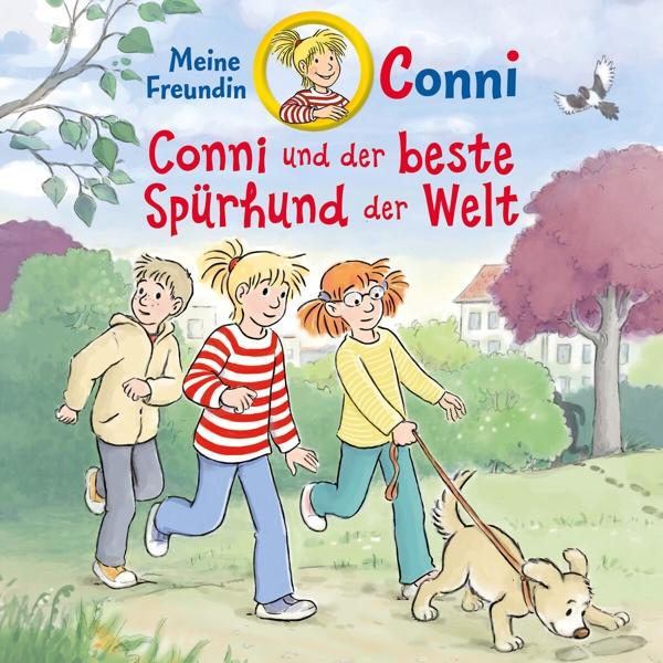 Buchcover: Drei Kinder gehen mit Hund spazieren, Titel 'Conni und der beste Spürhund der Welt'.