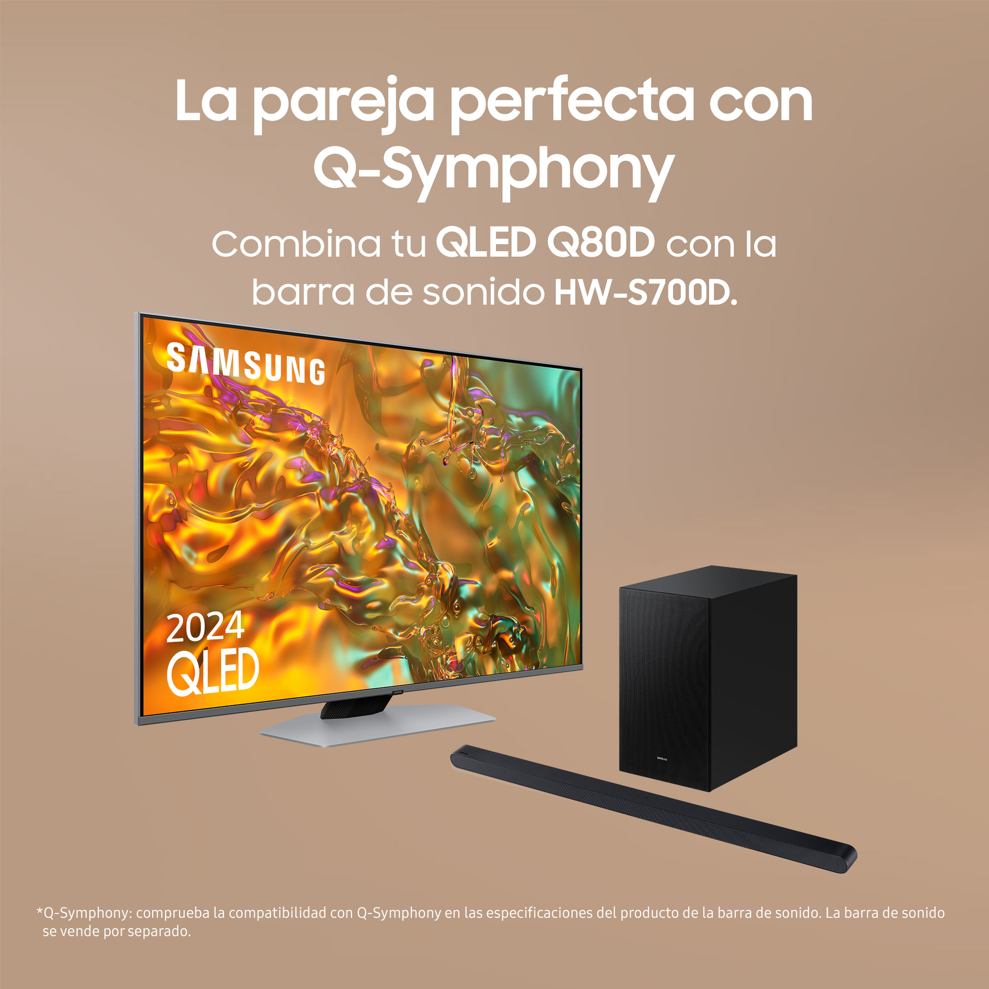 TV QLED y barra de sonido en un soporte. Subwoofer negro al lado. Texto: La pareja perfecta.