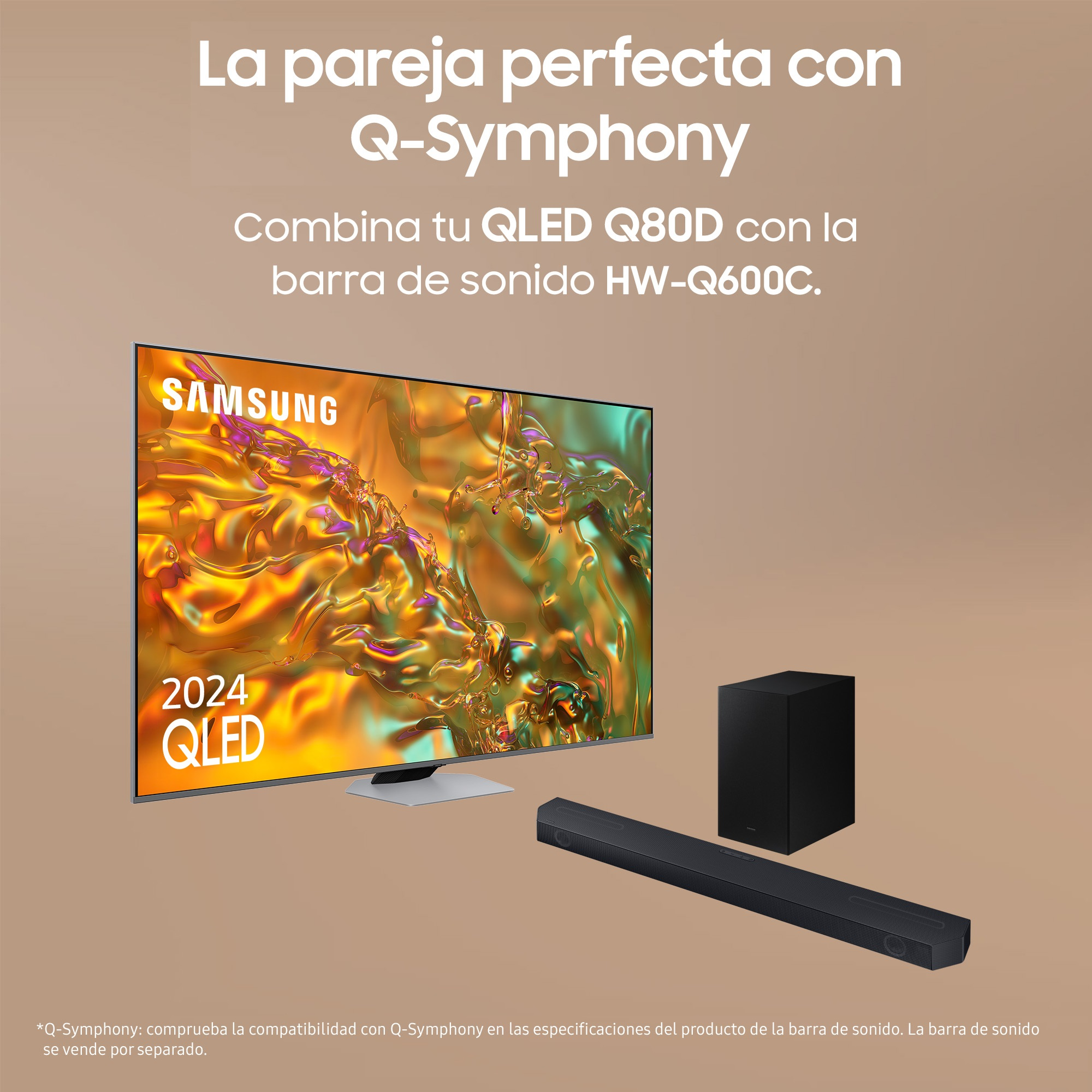 Un conjunto de TV QLED y barra de sonido, con el texto Q80D Q-Symphony y un lema sobre la combinación perfecta.