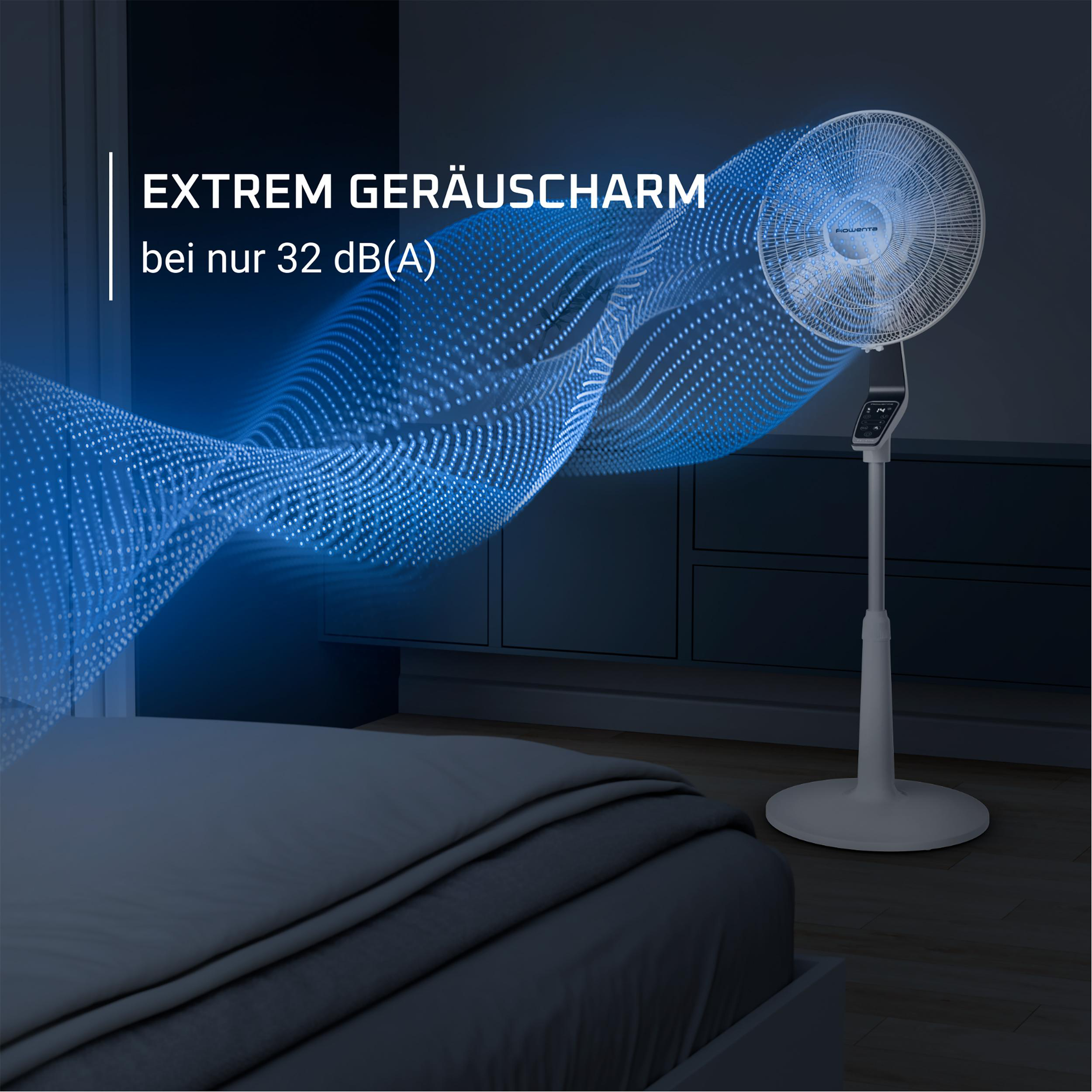 Weißer Ventilator mit blauem Luftstrom-Grafik. Text: 'EXTREM LEISE' und '32 dB(A)'.
