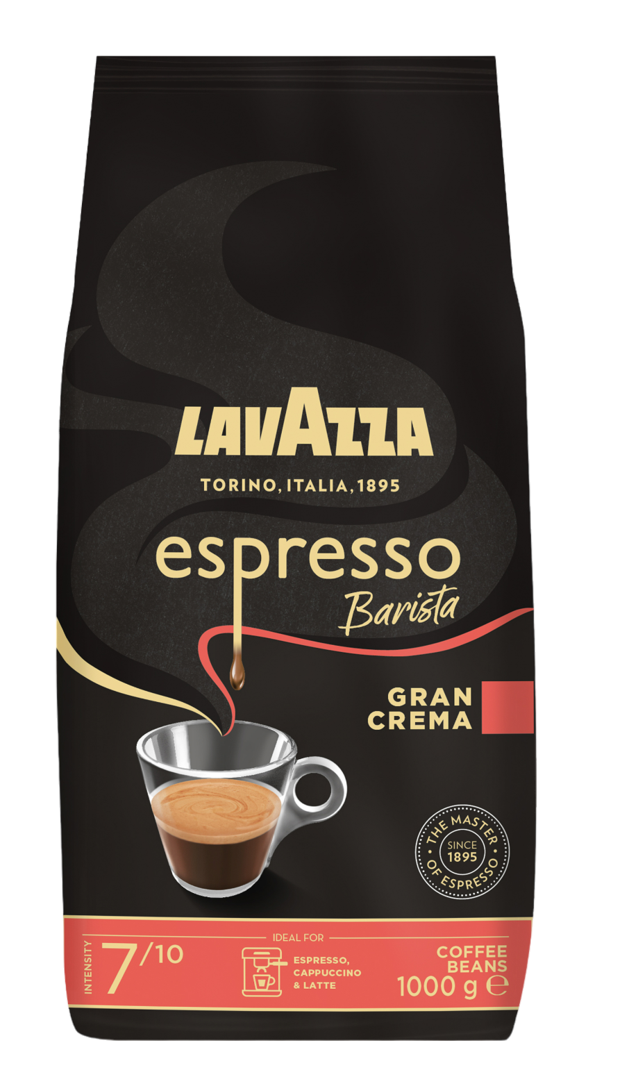 Schwarzer Lavazza Espresso Kaffeebeutel mit einer Tasse Kaffee.