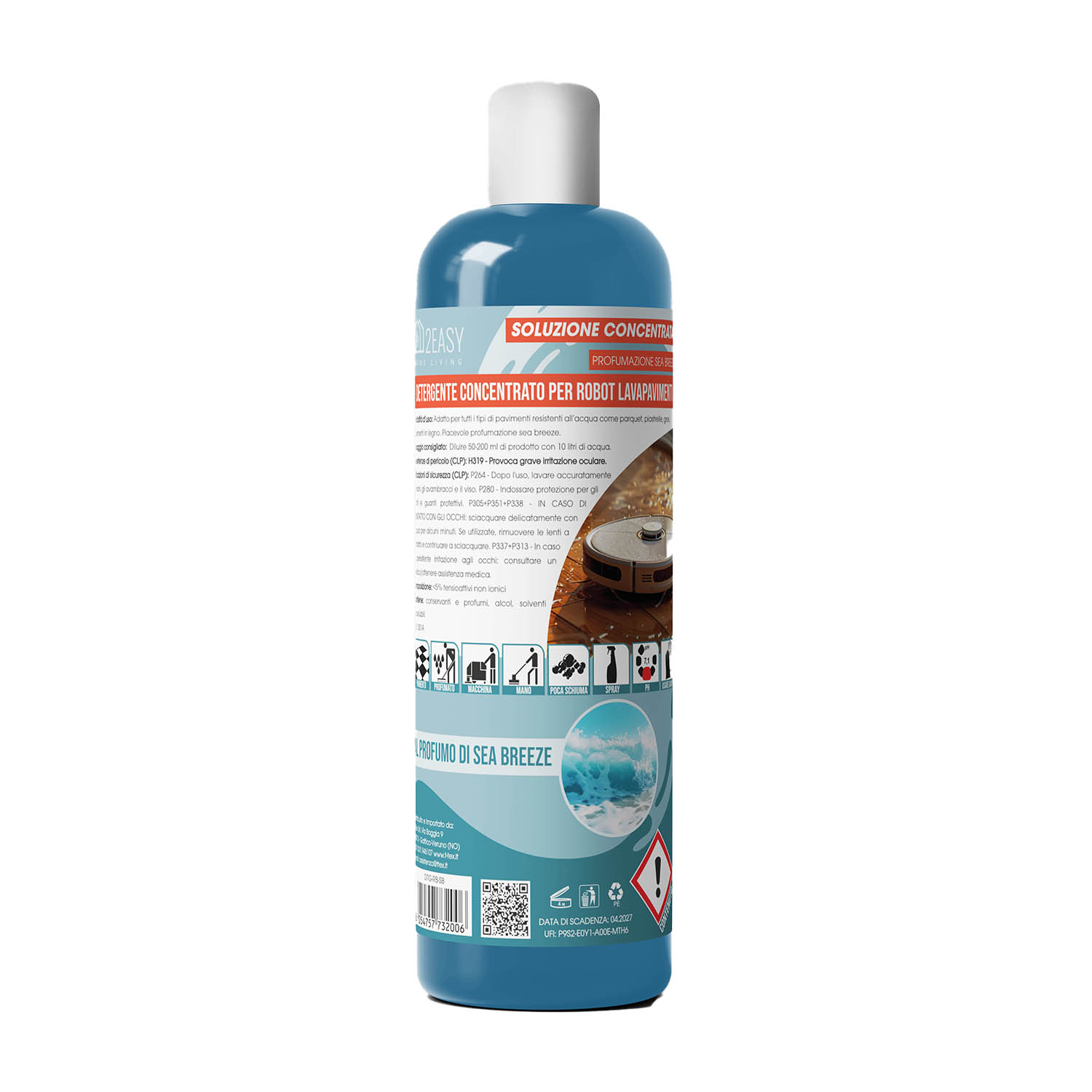 Una bottiglia blu di soluzione detergente con testo e illustrazioni.