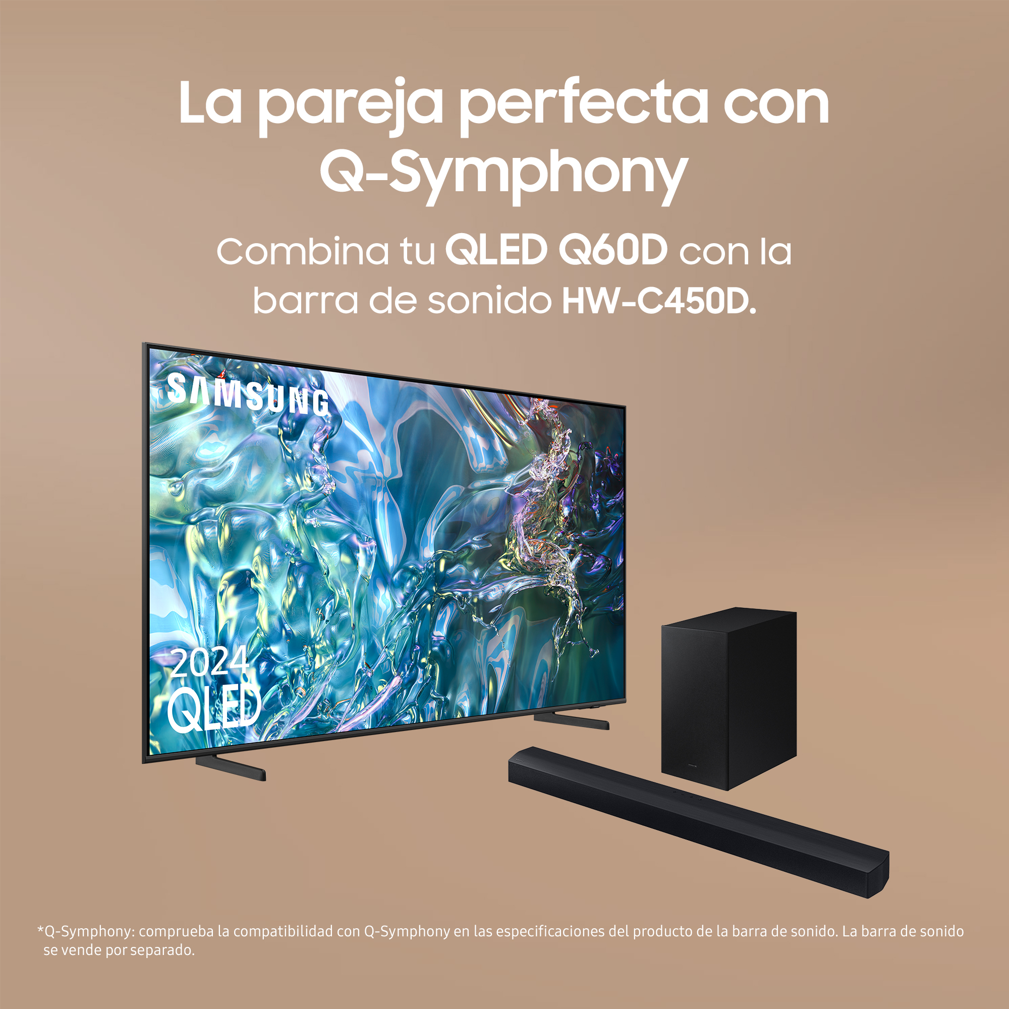 Conjunto de TV y barra de sonido Samsung. TV, barra de sonido y subwoofer negros sobre fondo marrón.