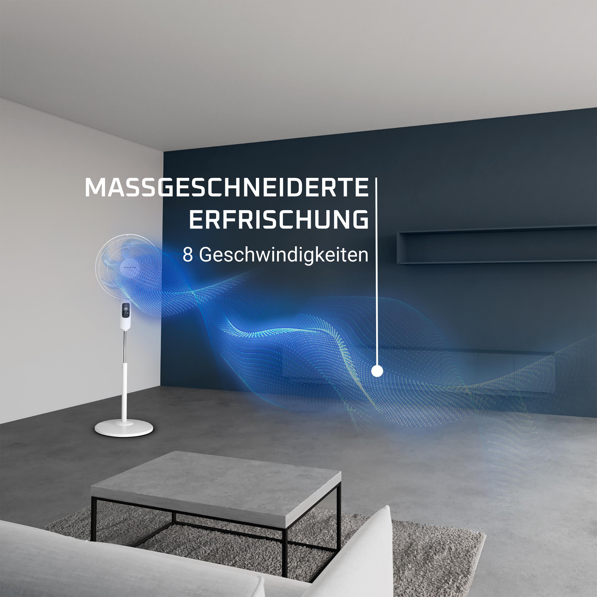 Weißer Standventilator in einem Raum mit Text über 8 Geschwindigkeiten.