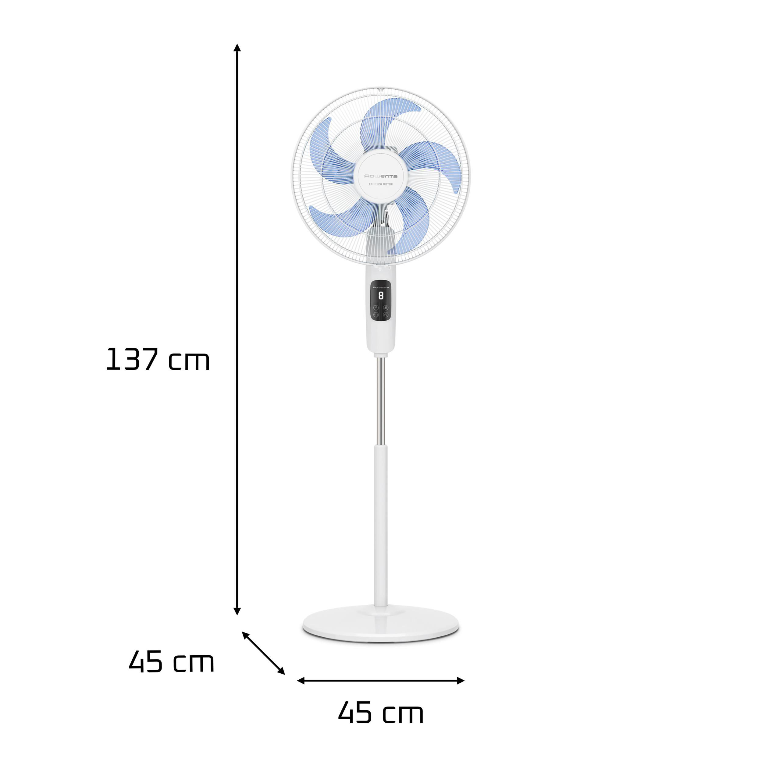Weißer Standventilator mit blauen Flügeln, Abmessungen 45 cm breit und 137 cm hoch.