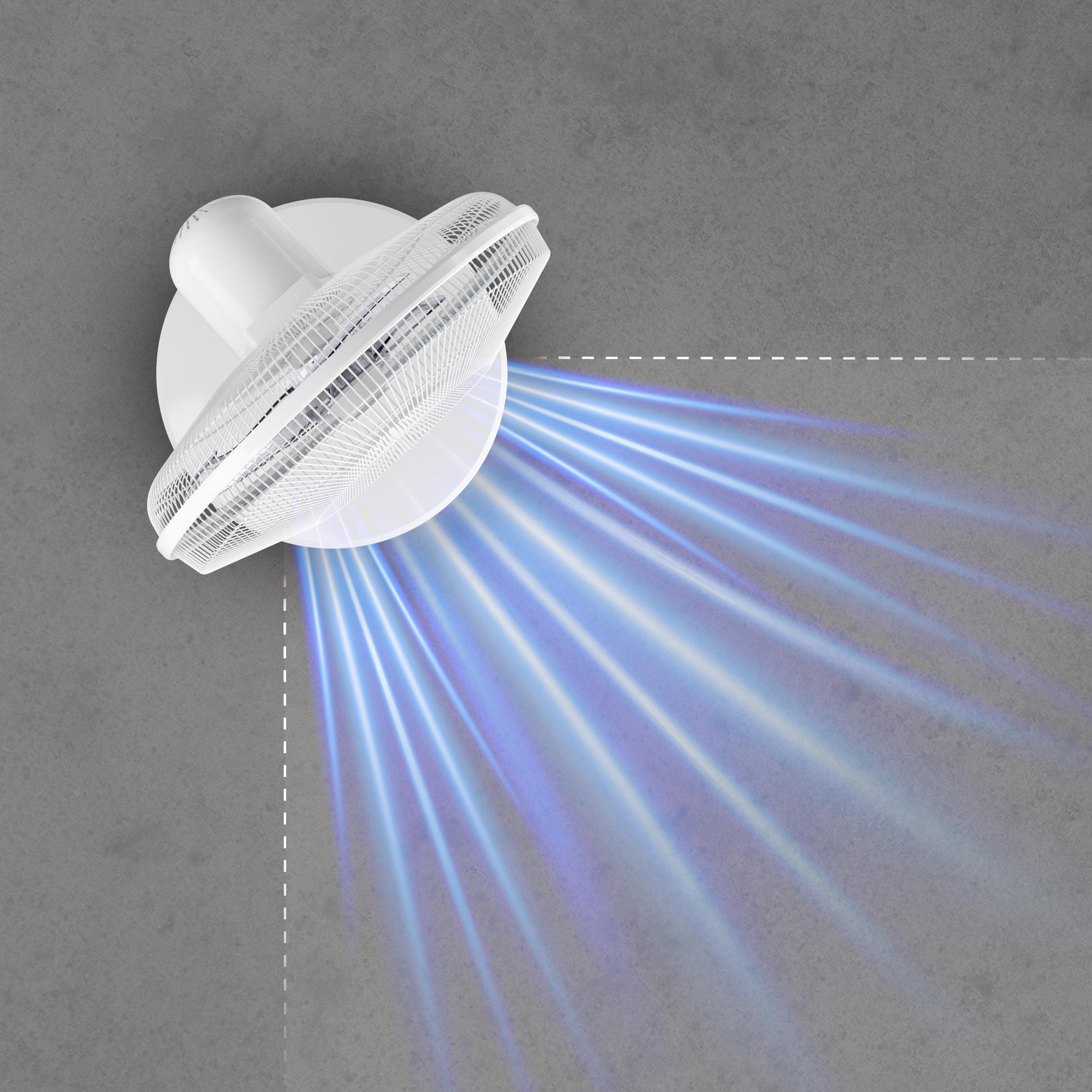 Weißer Ventilator an grauer Oberfläche montiert. Blaue Lichtspuren gehen von den Rotorblättern aus.