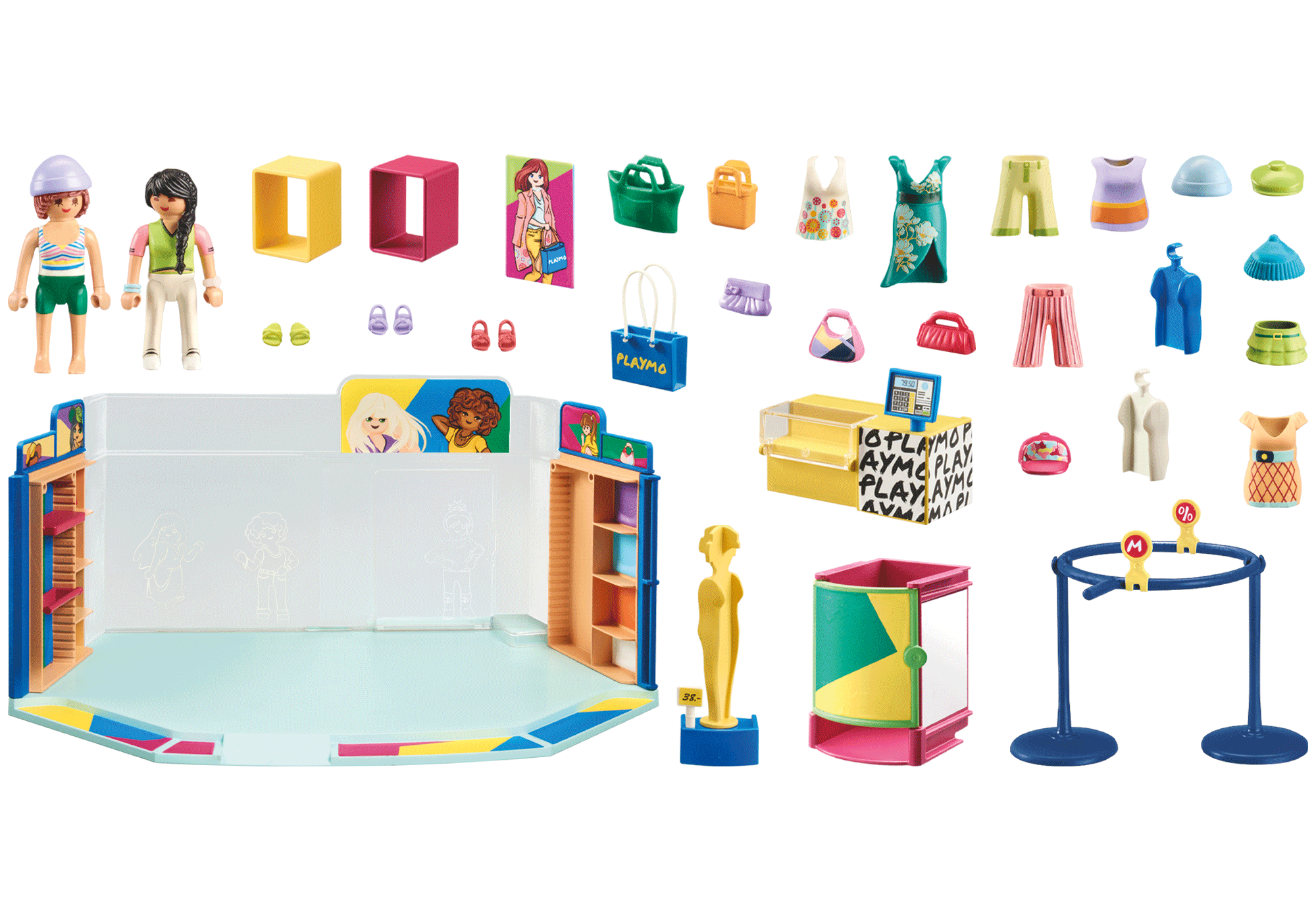 Ein Playmobil-Modenset mit zwei Figuren, Kleidung, Accessoires und einer Modenschau.