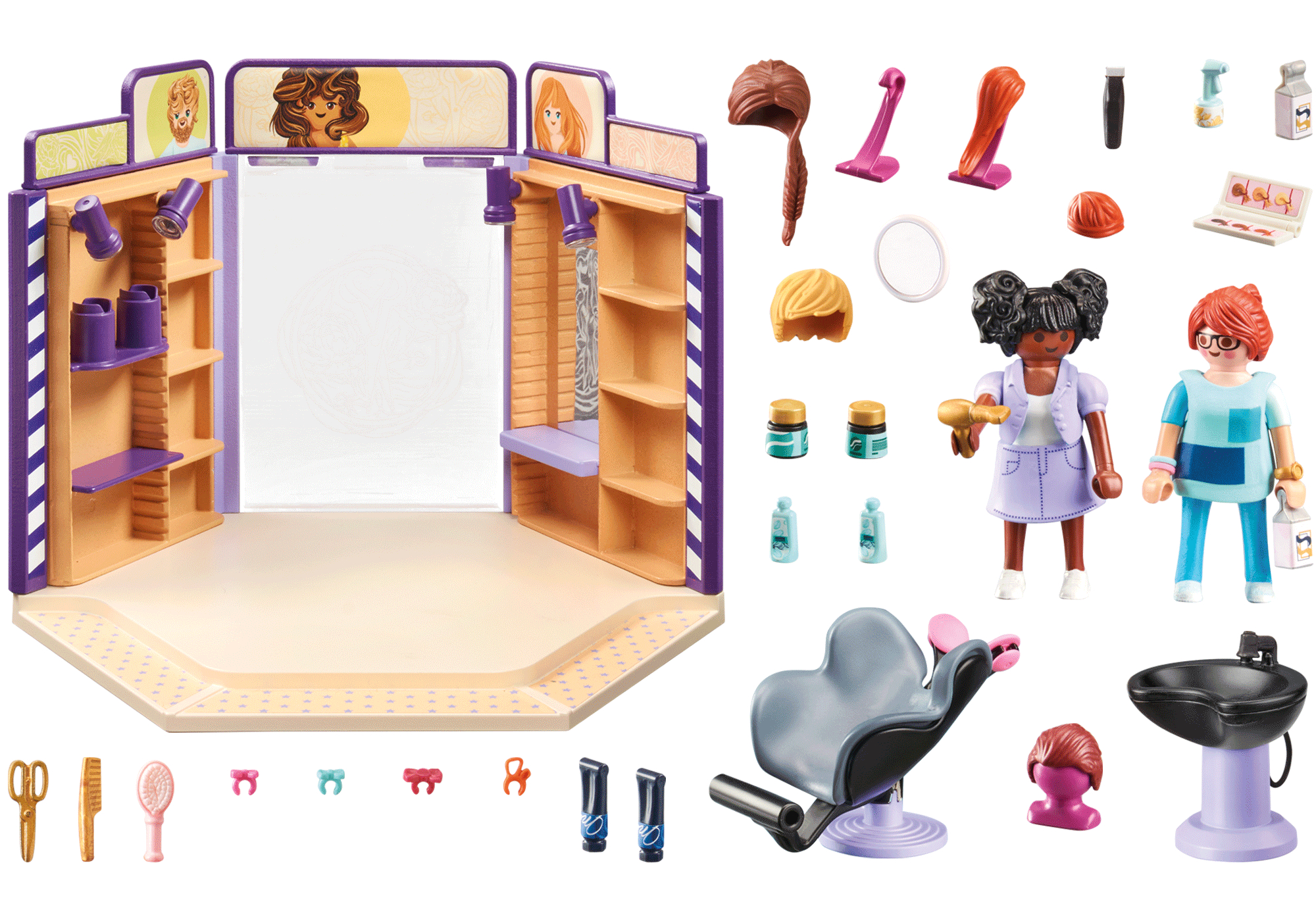 Ein Playmobil-Spielset eines Schönheitssalons mit verschiedenen Figuren und Zubehör.