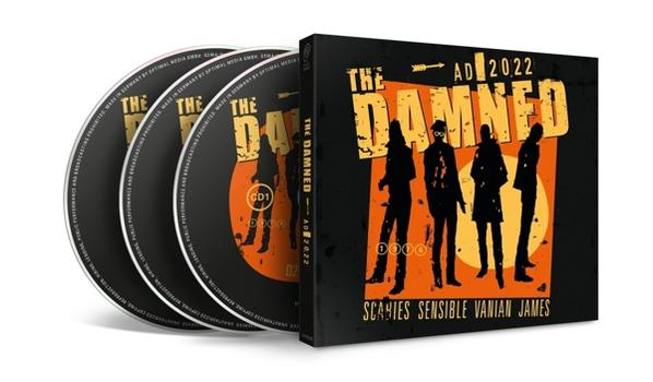 CD-Box-Set mit CDs mit Silhouetten von Bandmitgliedern, mit 'The Damned AD 2022' darauf.