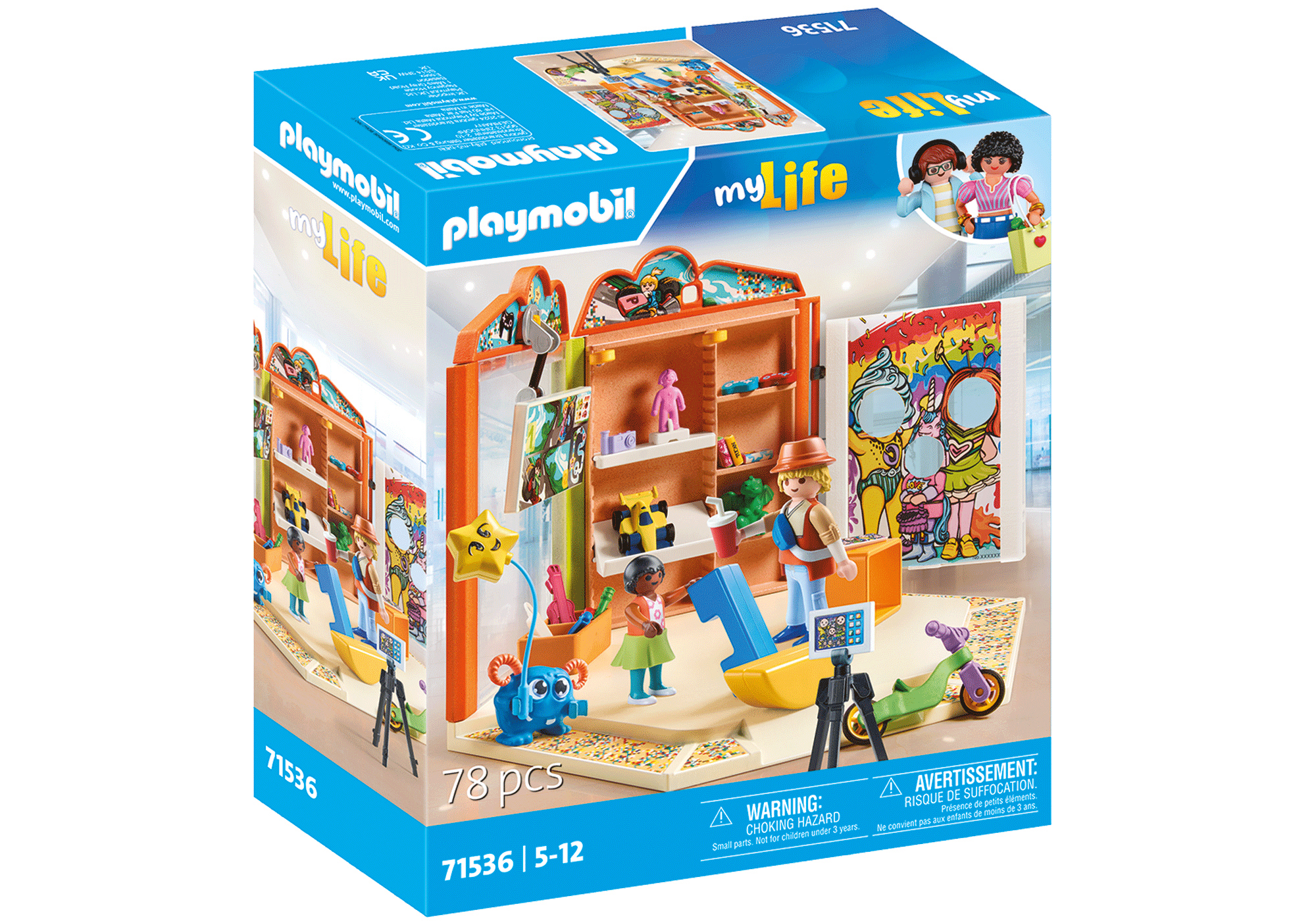 Playmobil-Spielzeugkiste. In der Kiste wird ein Laden mit Figuren angezeigt.
