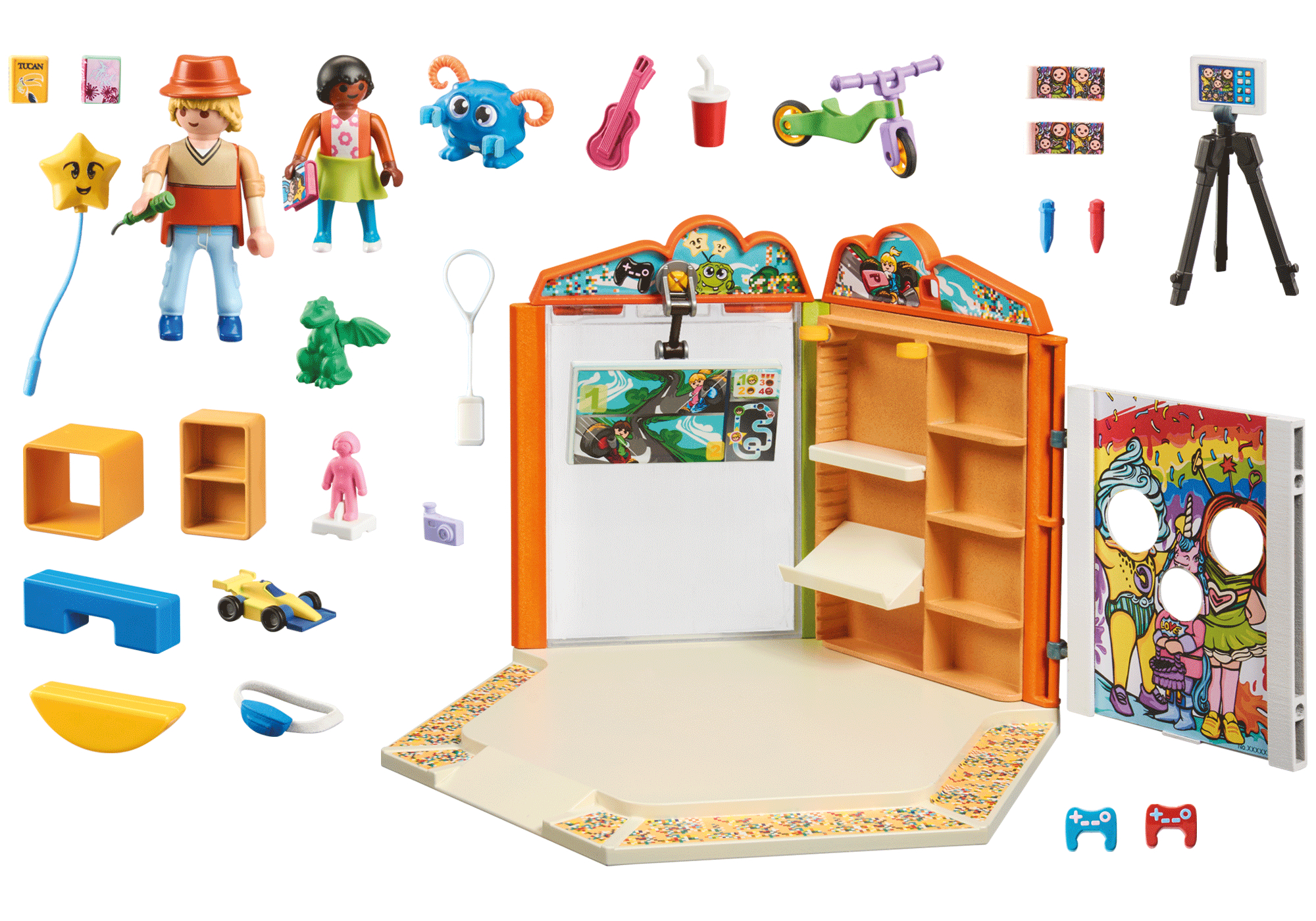 Playmobil-Set mit Figuren, Zubehör, Bühne und verschiedenen dekorativen Elementen.