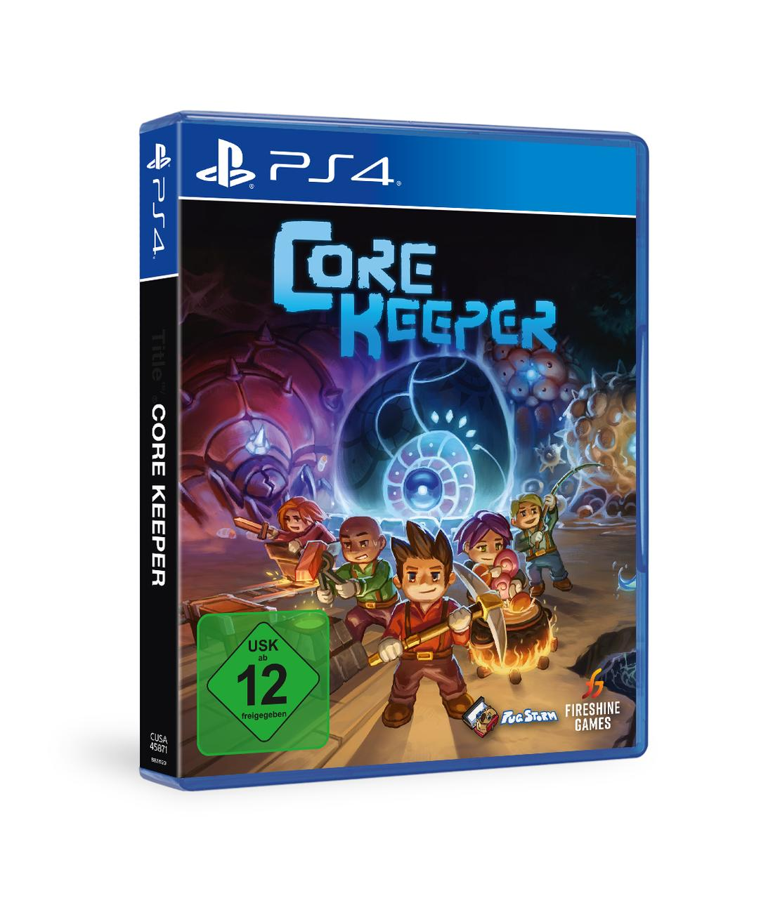 Spielbox von Core Keeper. Das Bild zeigt Zeichentrickfiguren und den Spieletitel auf blauem Hintergrund.