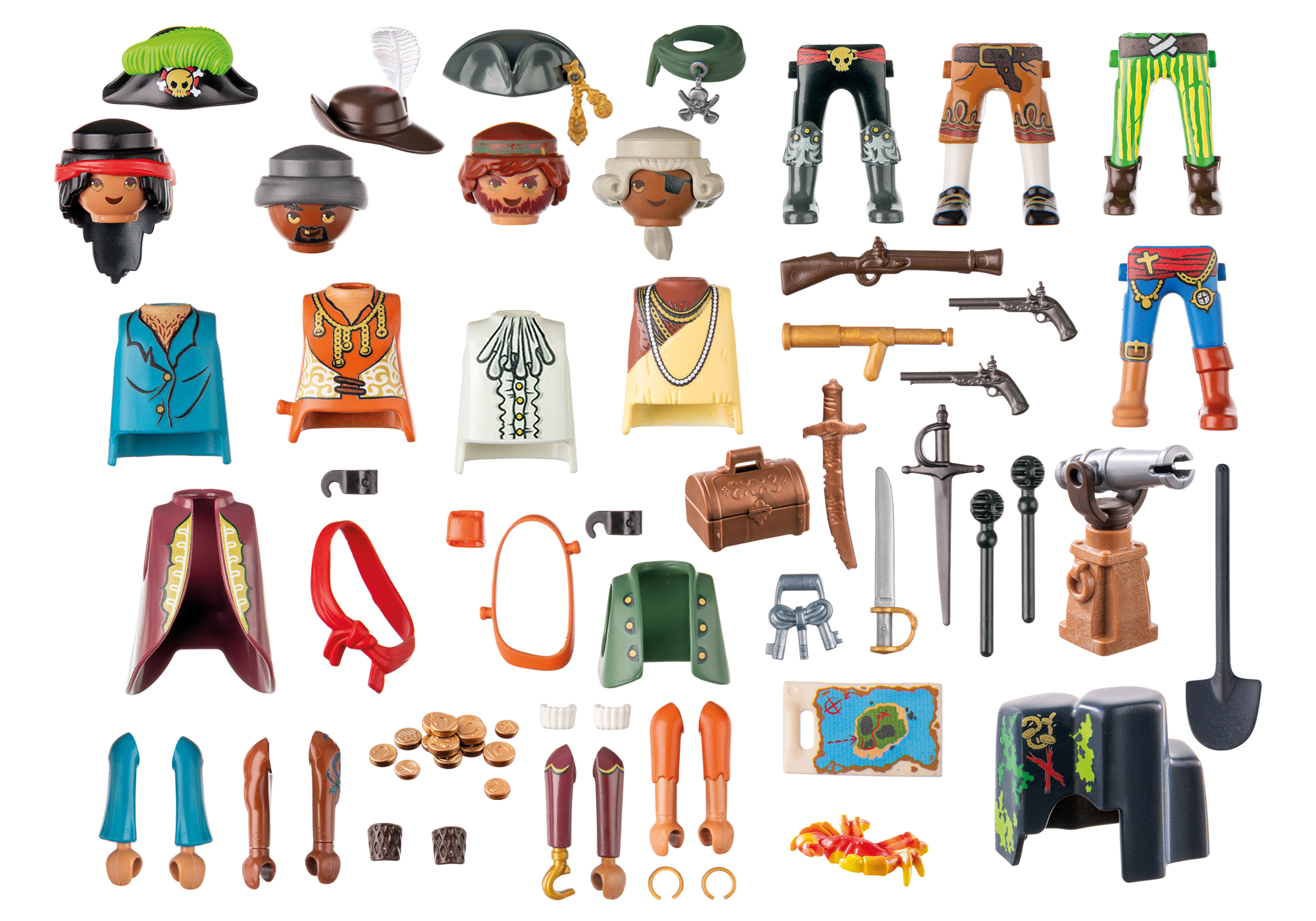 Sammlung von Piraten-Spielzeugzubehör. Enthält Hüte, Gesichter, Kleidung, Waffen, Schätze, Karte, Kanone und andere Piratenelemente.