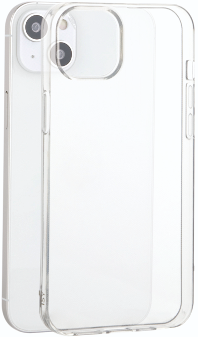 Une coque de téléphone transparente, avec un téléphone à l'intérieur. La coque a des découpes pour l'appareil photo.