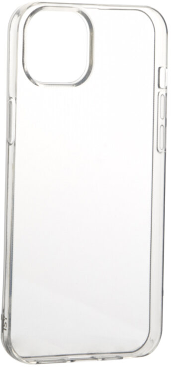 Coque de téléphone transparente. Plastique transparent et lisse. Boutons latéraux visibles. Découpe pour l'appareil photo.