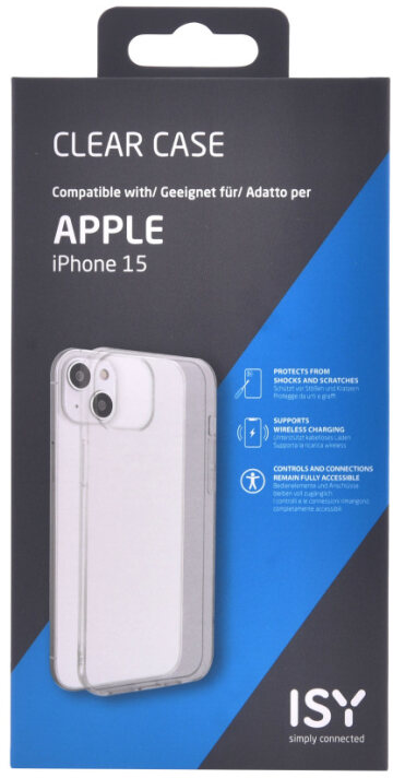 Une coque transparente pour iPhone 15 dans une boîte. La boîte contient le texte : Clear Case. Compatible avec Apple iPhone 15.