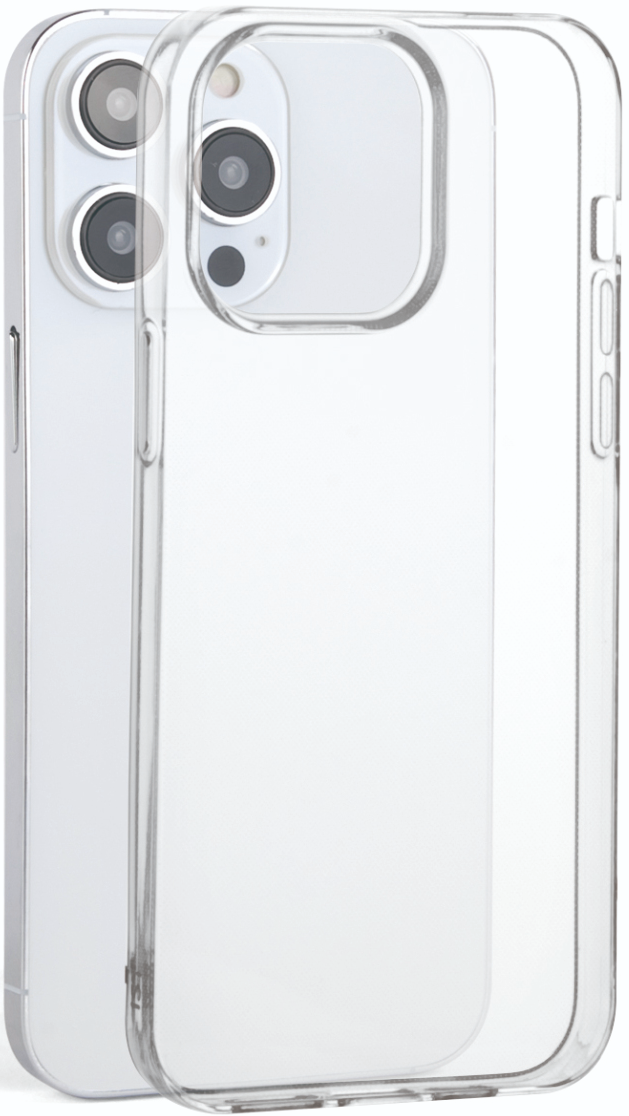 Un iPhone dans une coque de protection transparente, mettant en valeur le design du téléphone.