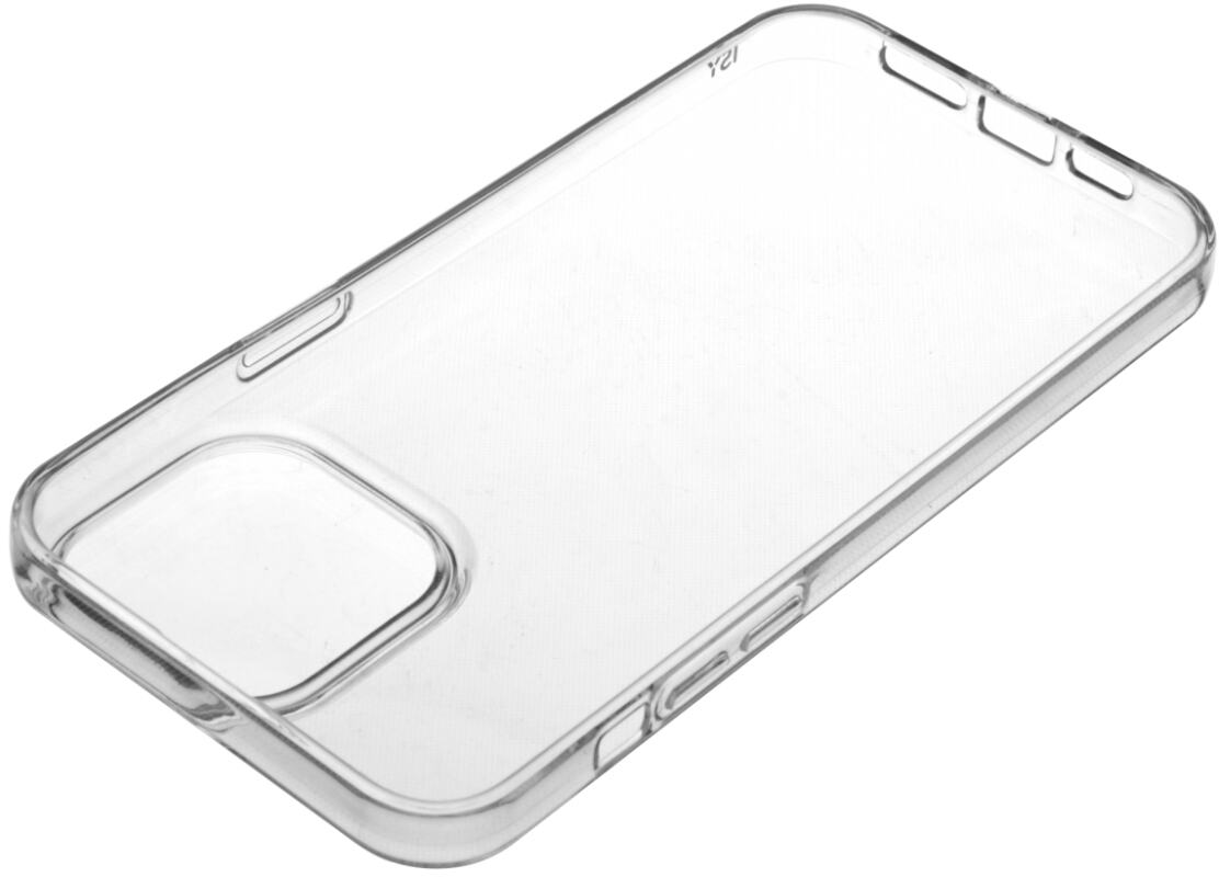 Coque de téléphone transparente. Elle a une découpe pour l'appareil photo et des découpes pour les boutons et les ports.