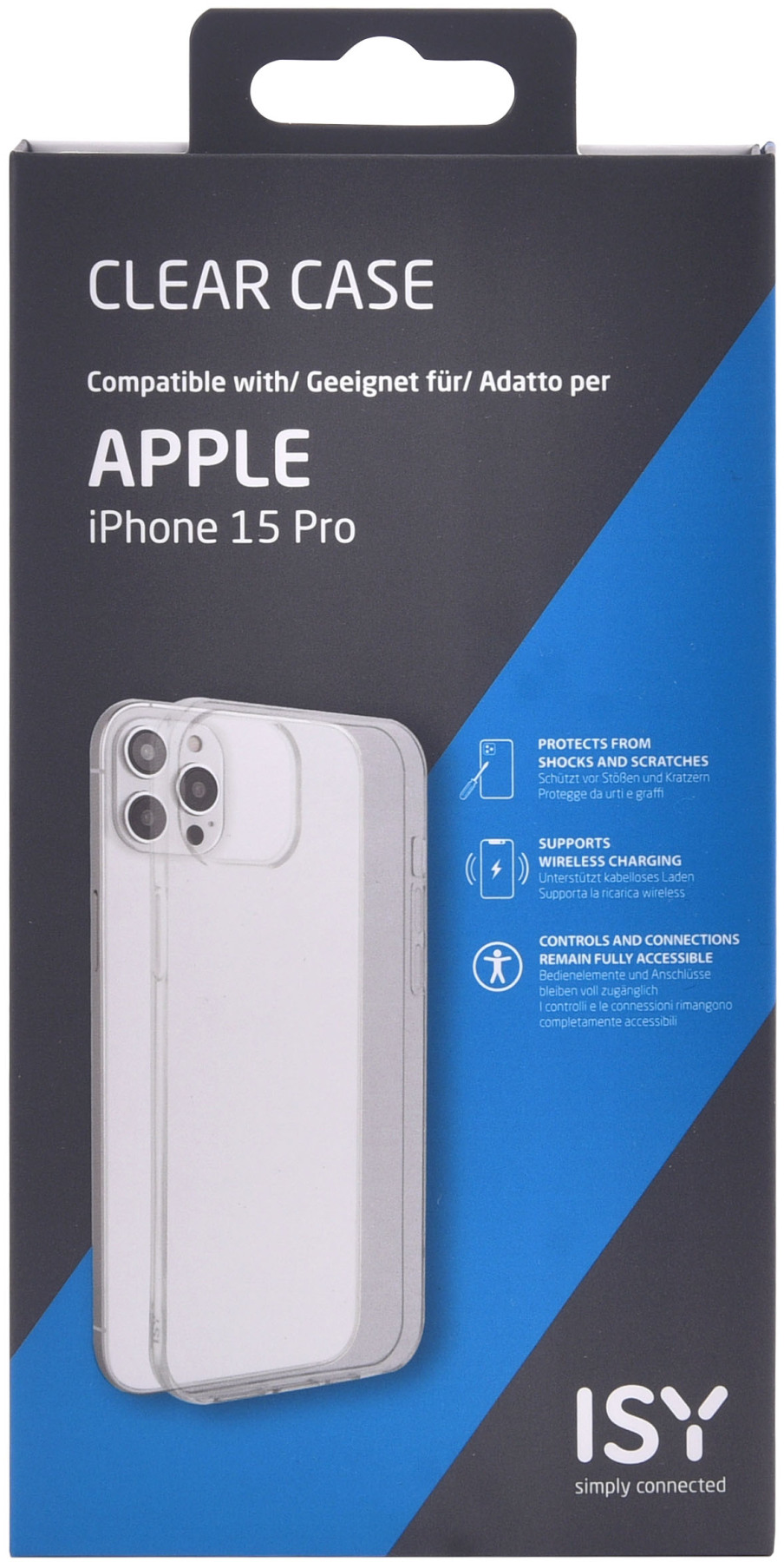 Boîte de coque transparente pour iPhone 15 Pro, montrant le téléphone et ses fonctionnalités, avec logo.