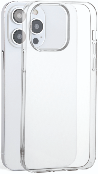 Coque de téléphone transparente avec trois découpes pour caméra. Fond blanc.