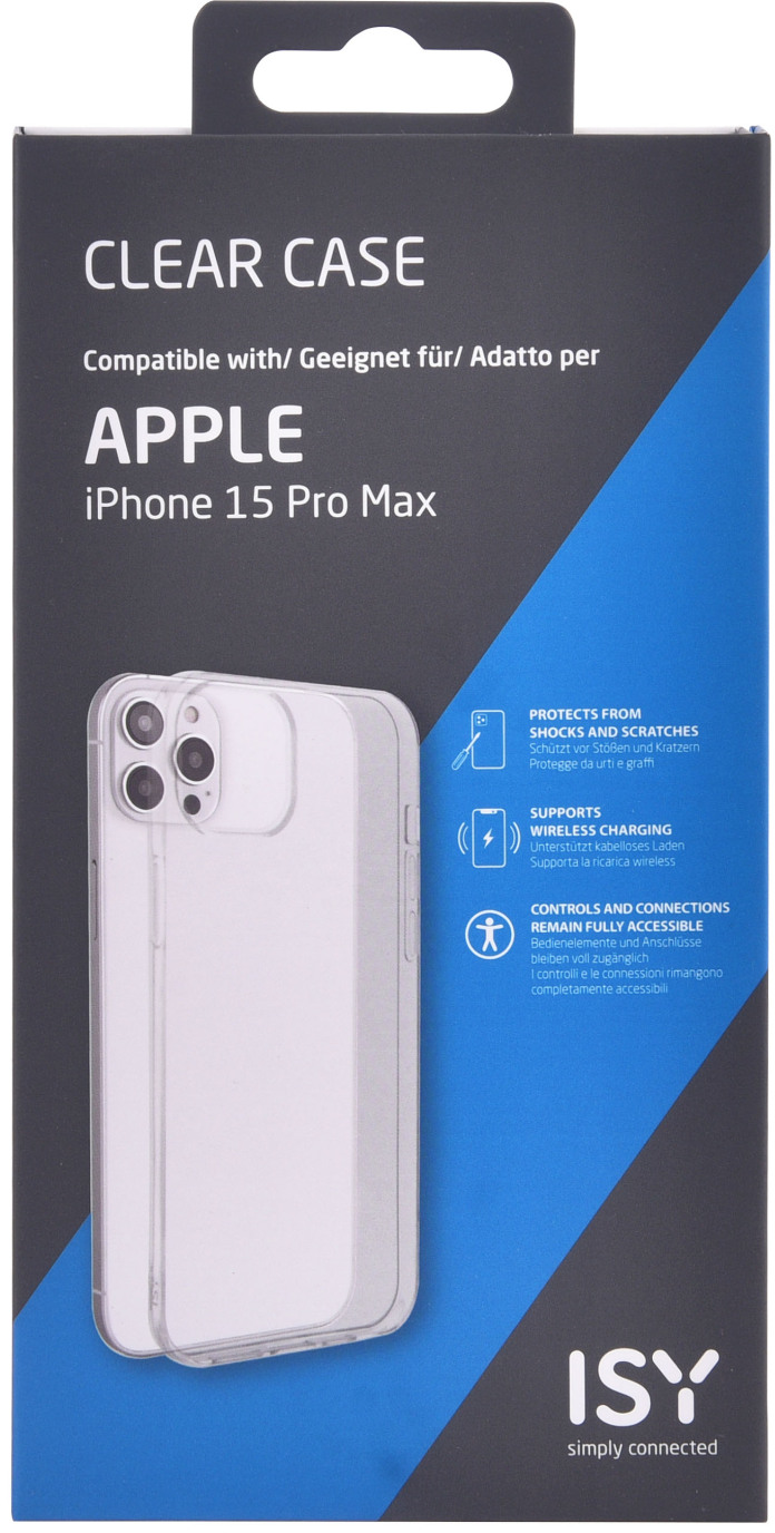 Coque transparente pour iPhone 15 Pro Max sur une boîte noire et blanche. Montre la coque avec détails.