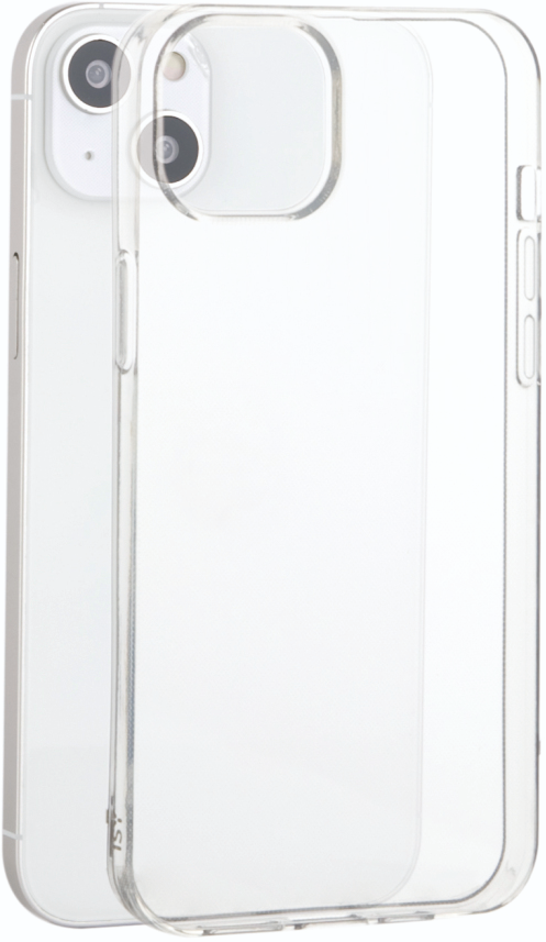 Coque transparente pour iPhone, montrant l'arrière du téléphone et les lentilles de la caméra.
