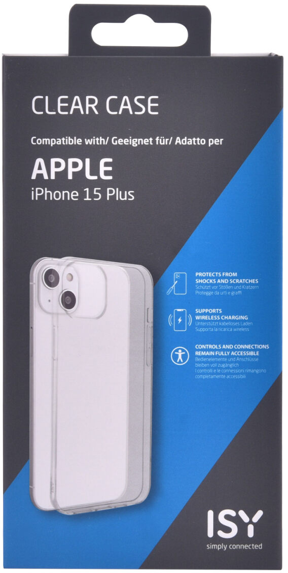 Boîte de coque de téléphone transparente avec iPhone 15 Plus et description.