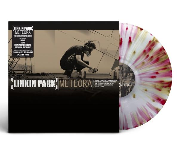 Linkin Park's Meteora vinyl albumhoes, met een man die verf spuit en de titel van het album.