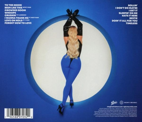 Albumcover mit einer blonden Frau in blauen Leggings und schwarzen Handschuhen, blauem Hintergrund und Songliste.