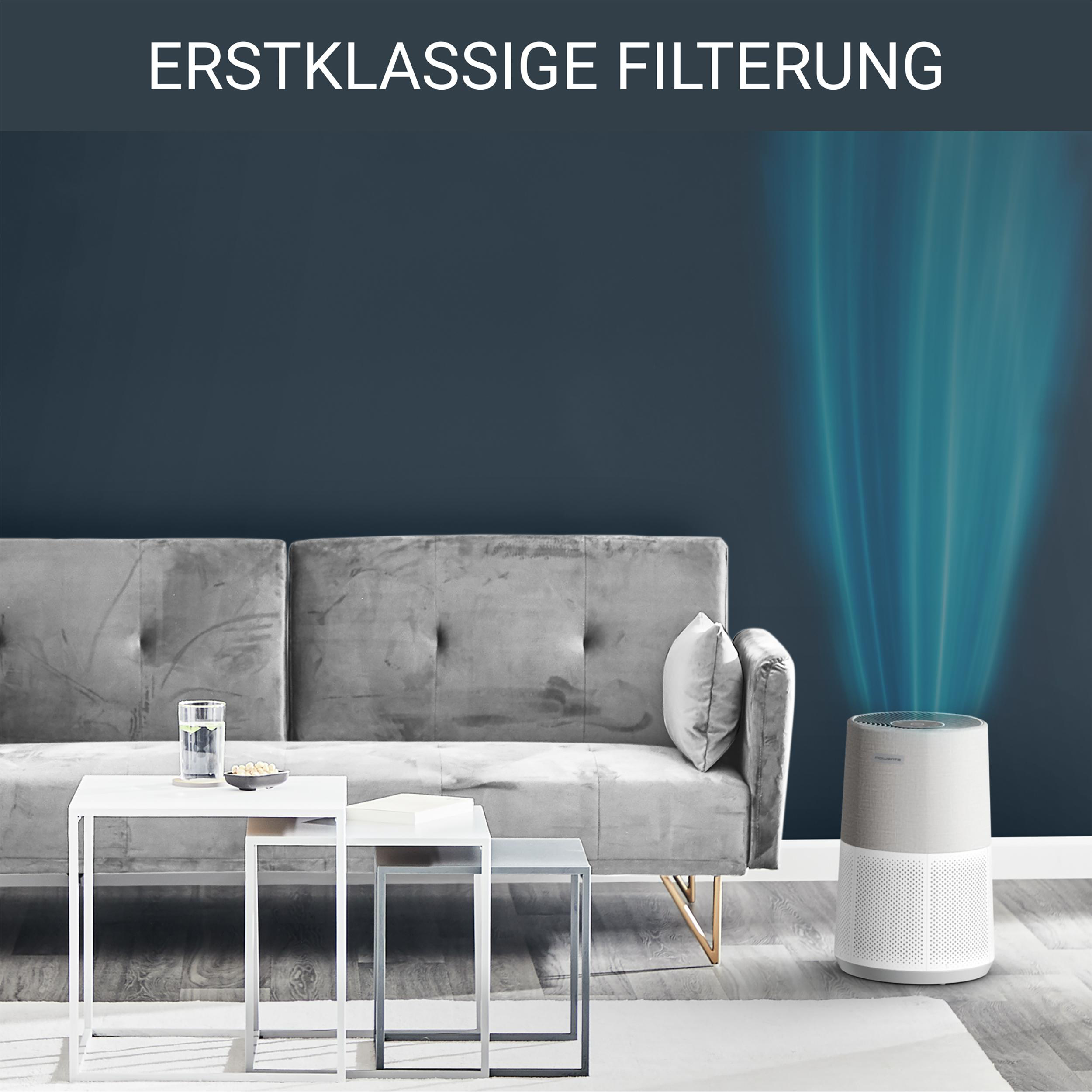 Luftreiniger und Sofa: weißer Reiniger, blauer Luftstrom, graues Sofa, weiße Tische und ein Glas Wasser.