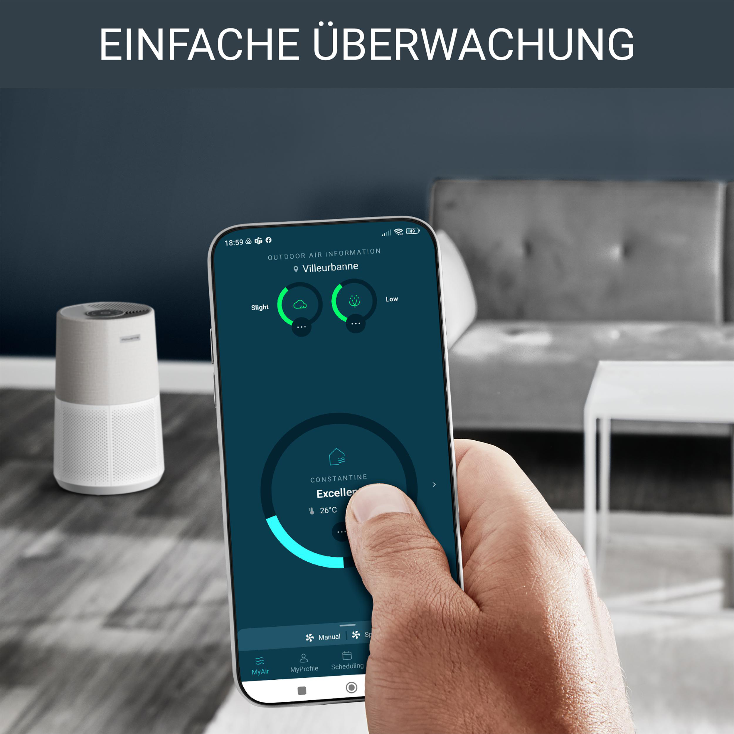 Eine Hand hält ein Telefon, das eine App-Oberfläche mit Informationen zur Luftqualität anzeigt.