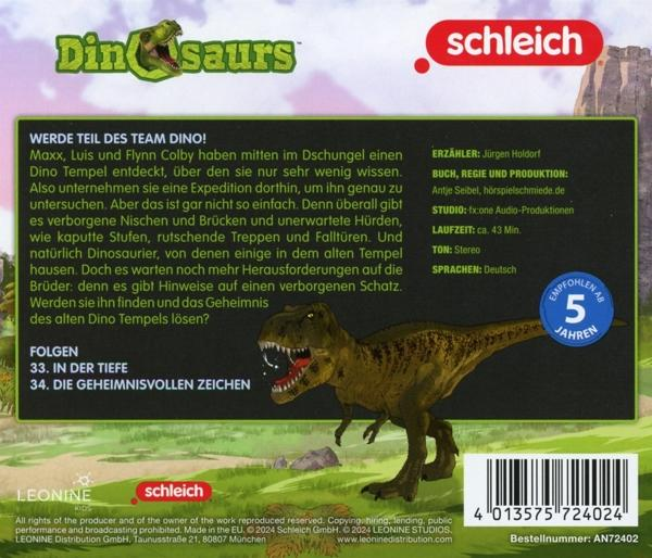 Rückseite eines Kinderbuchcovers mit Dinosaurier-Illustration.