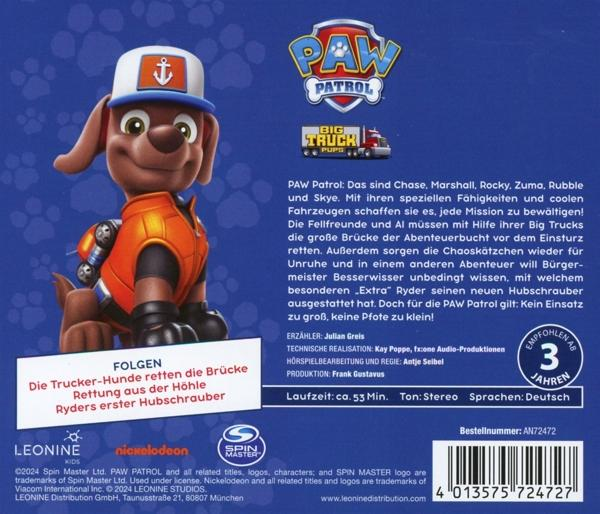 Paw Patrol-Filmcover mit einem Cartoon-Hund in orangefarbener Uniform. Text in mehreren Sprachen ist sichtbar.