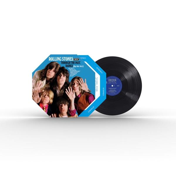 Rolling Stones Albumcover, eine Schallplatte neben einem Cover mit Bandmitgliedern.