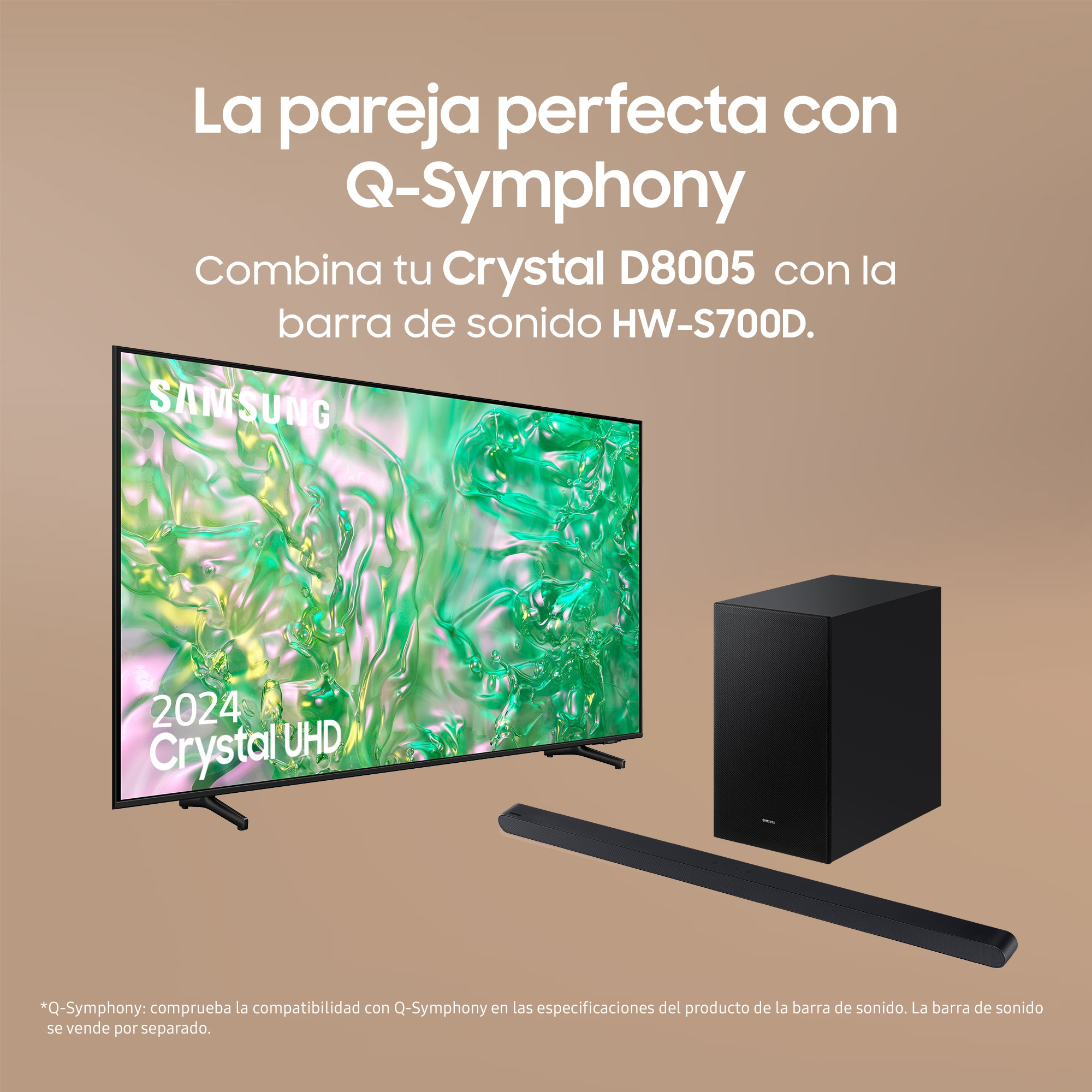 TV, barra de sonido y subwoofer, descripción del producto sobre la pareja perfecta.