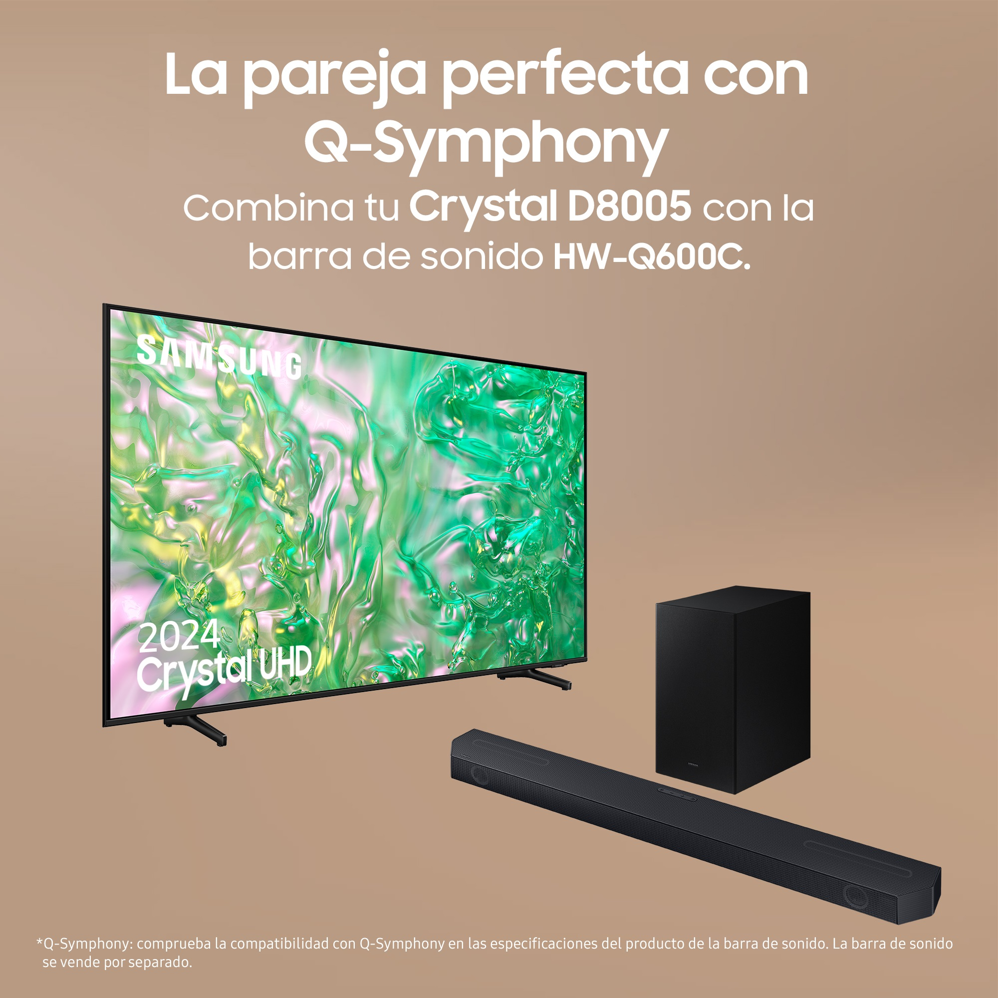 Un televisor Samsung, una barra de sonido y un subwoofer se muestran en una sala de estar.