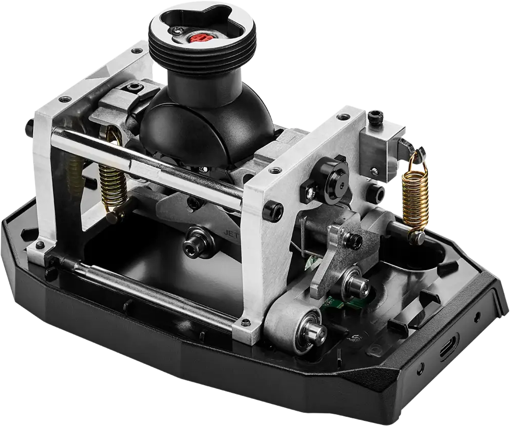 Eine offene Ansicht eines mechanischen Geräts mit Zahnrädern, Federn und einem schwarzen Sockel.