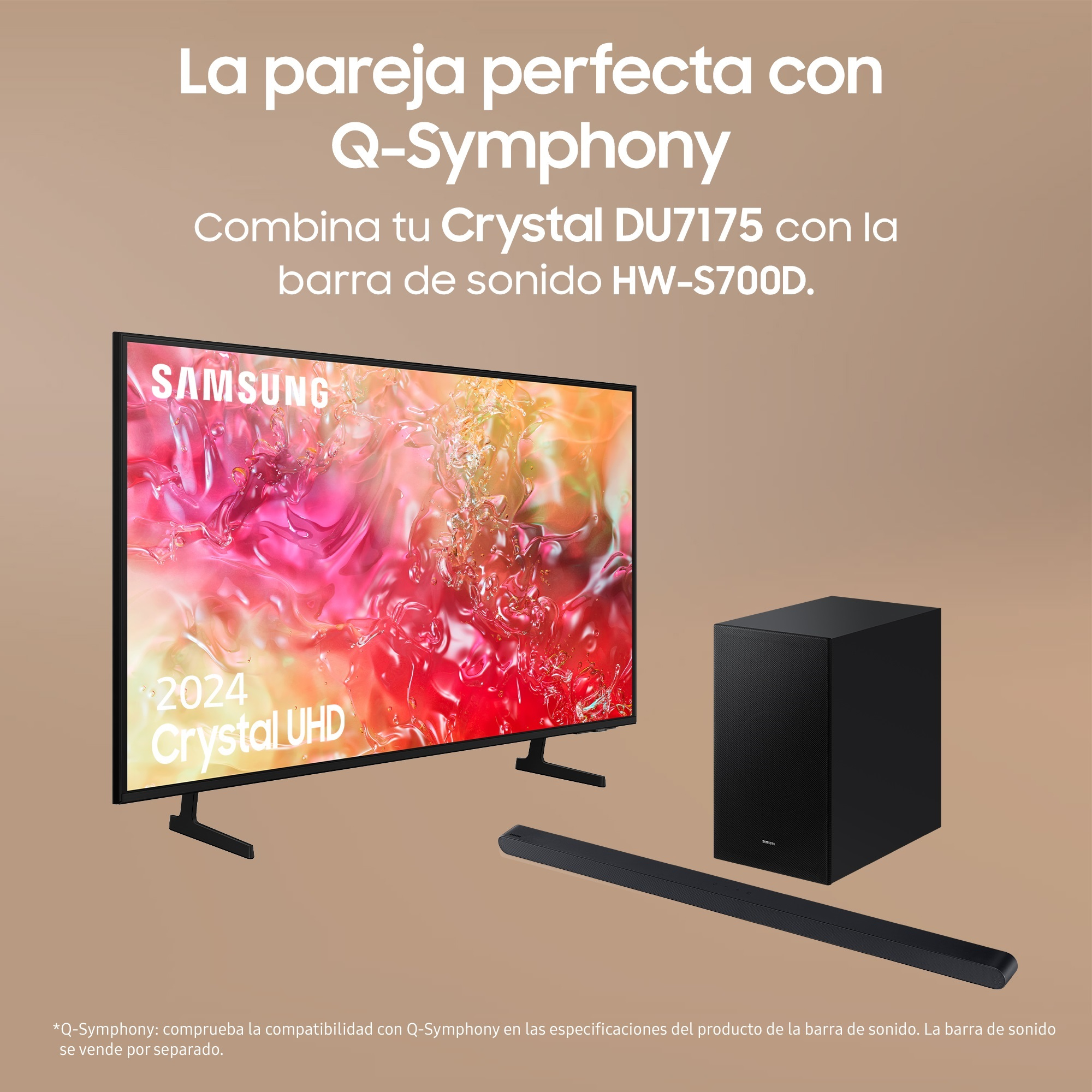 Configuración de TV y barra de sonido. TV sobre soporte, con barra y subwoofer.