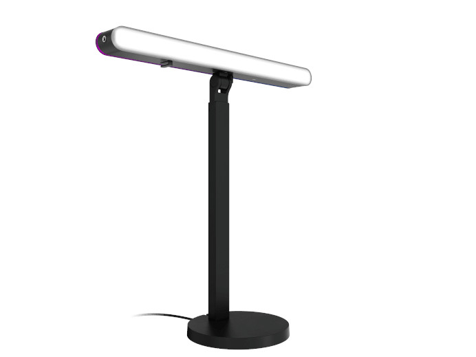 Nowoczesna czarno-srebrna lampa biurkowa z okrągłą podstawą i białym tłem.