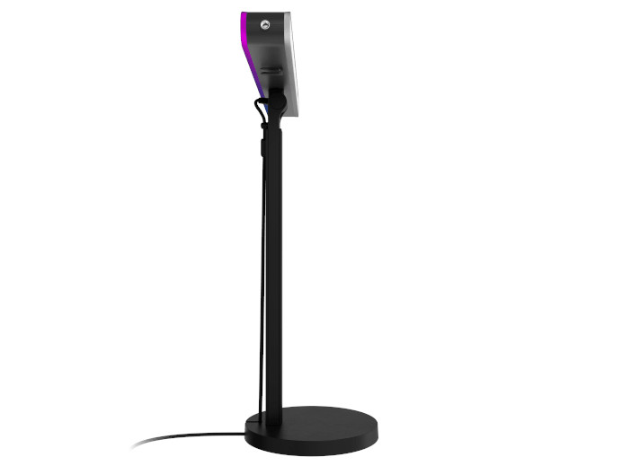 Czarny monitor stojący z cienką podstawą i okrągłą podstawą, na białym tle.